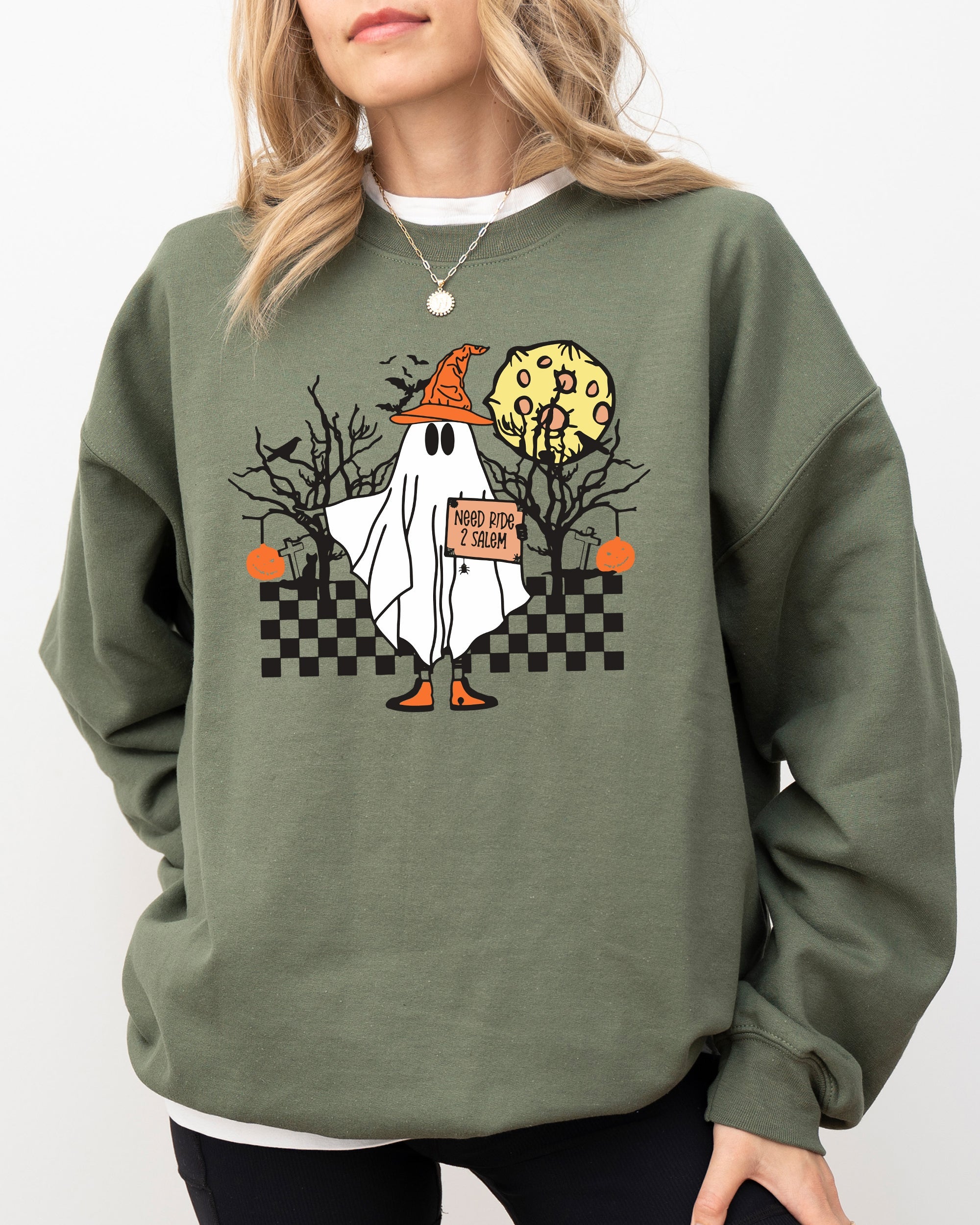 Need Ride To Salem Ghost Spooky Scary Skeleton Skull Western Witch Meme Halloween Costume Sweatshirt