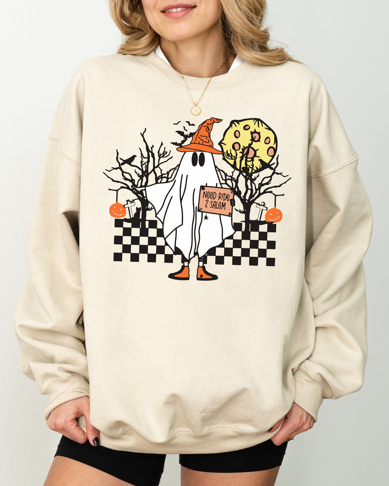 Need Ride To Salem Ghost Spooky Scary Skeleton Skull Western Witch Meme Halloween Costume Sweatshirt