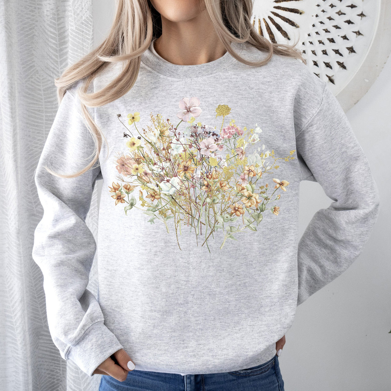 Meadow Pressed Flowers Botanical Meadow Print On Soft Cozy Fleece Premium Sweatshirt