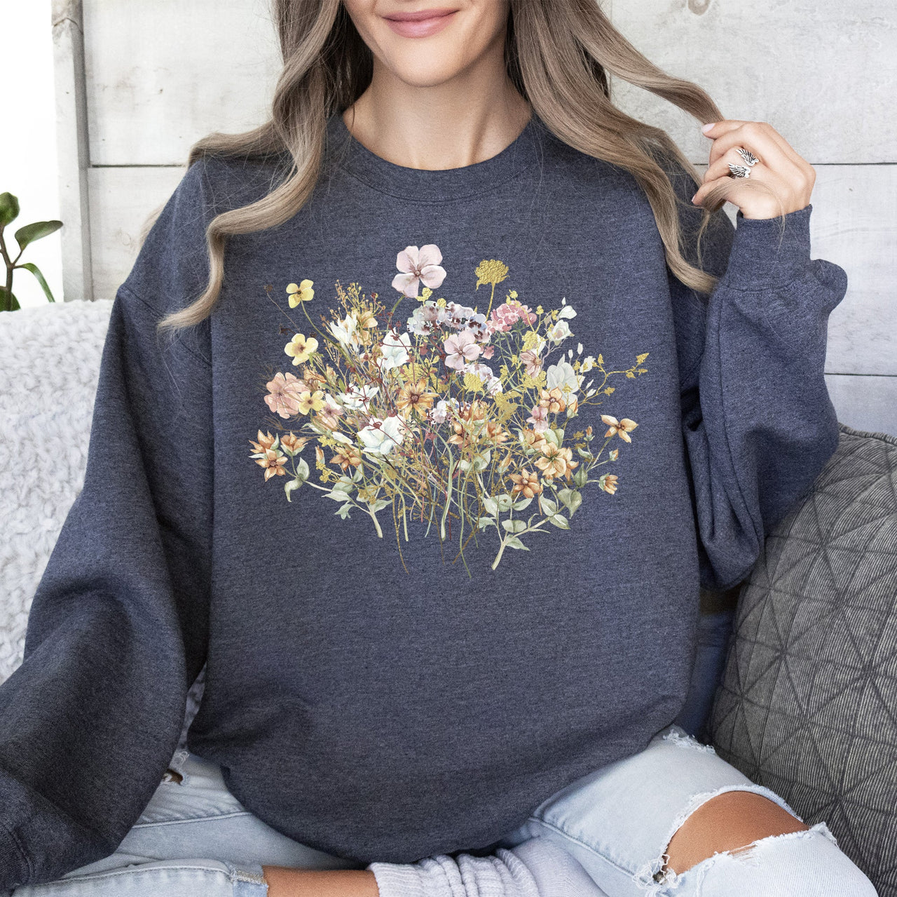 Meadow Pressed Flowers Botanical Meadow Print On Soft Cozy Fleece Premium Sweatshirt