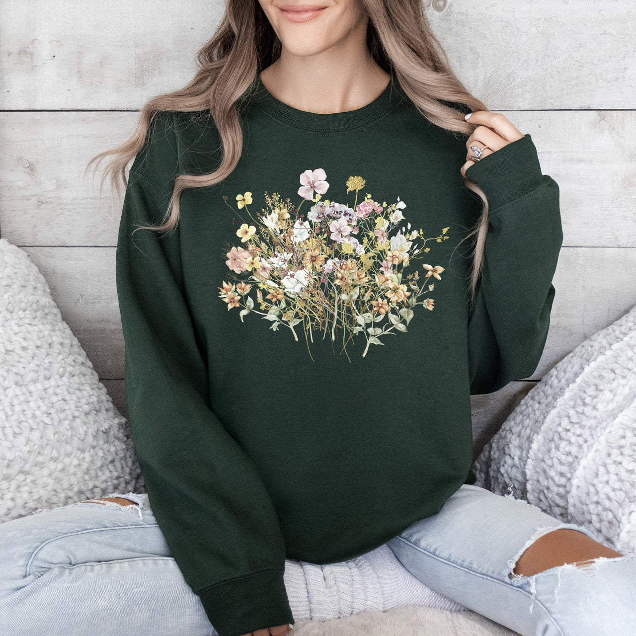 Meadow Pressed Flowers Botanical Meadow Print On Soft Cozy Fleece Premium Sweatshirt