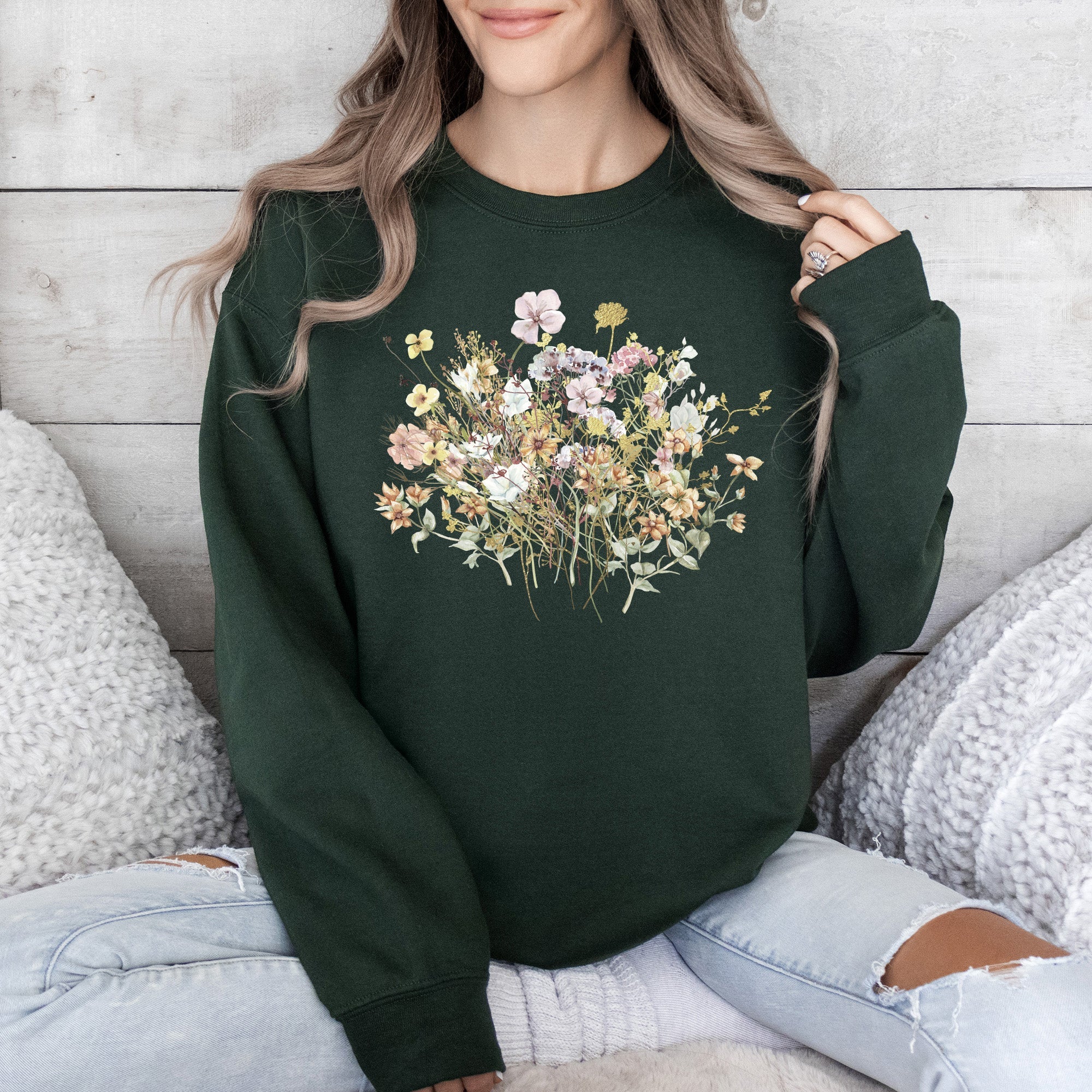 Meadow Pressed Flowers Botanical Meadow Print On Soft Cozy Fleece Premium Sweatshirt