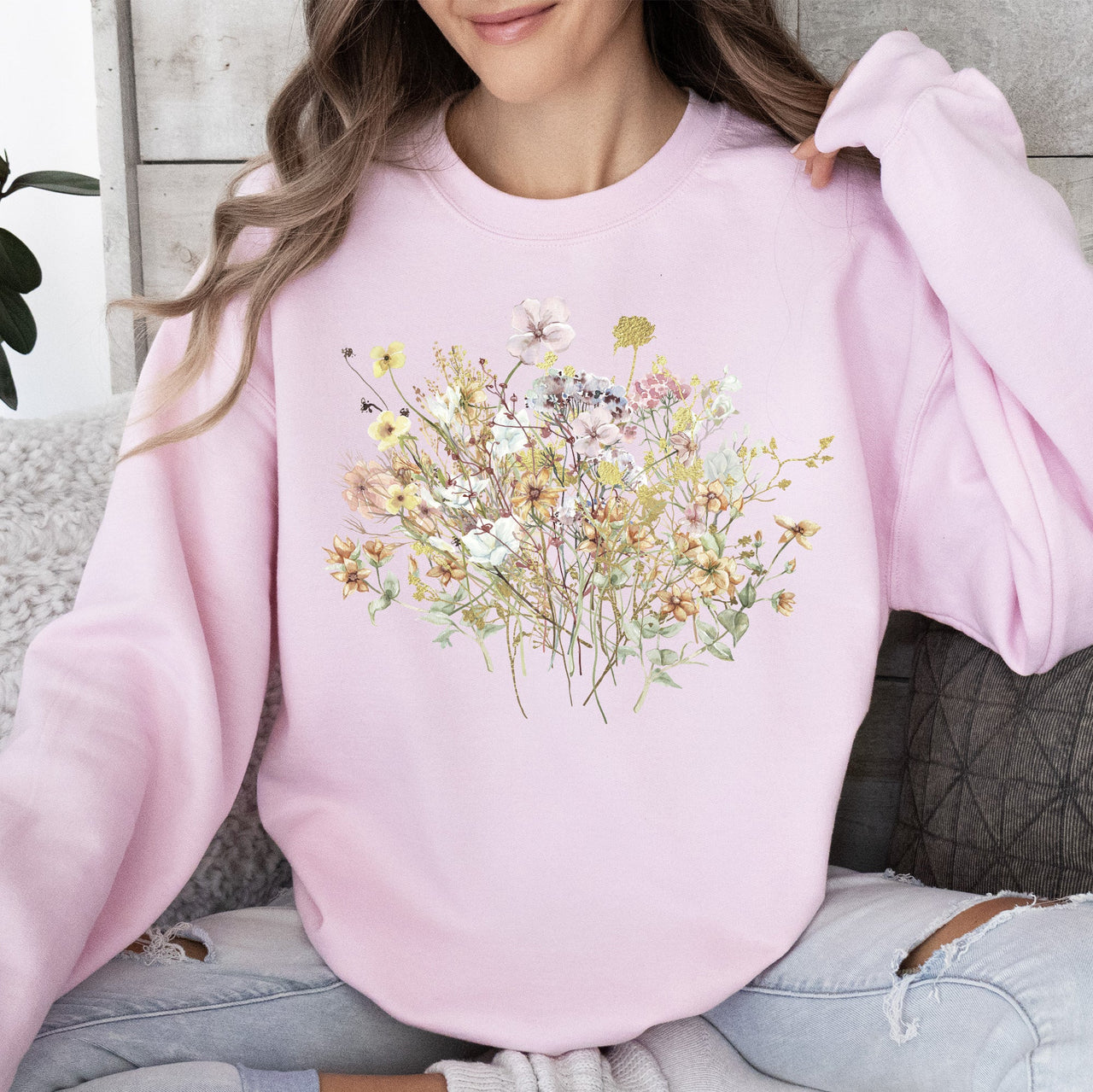 Meadow Pressed Flowers Botanical Meadow Print On Soft Cozy Fleece Premium Sweatshirt