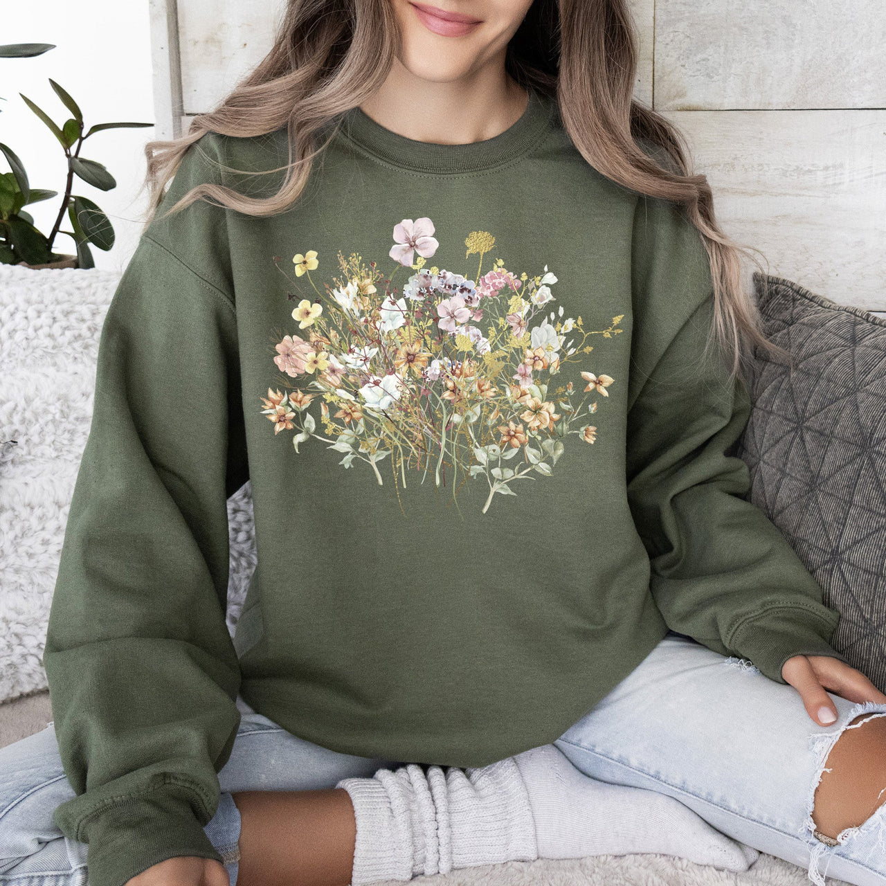 Meadow Pressed Flowers Botanical Meadow Print On Soft Cozy Fleece Premium Sweatshirt