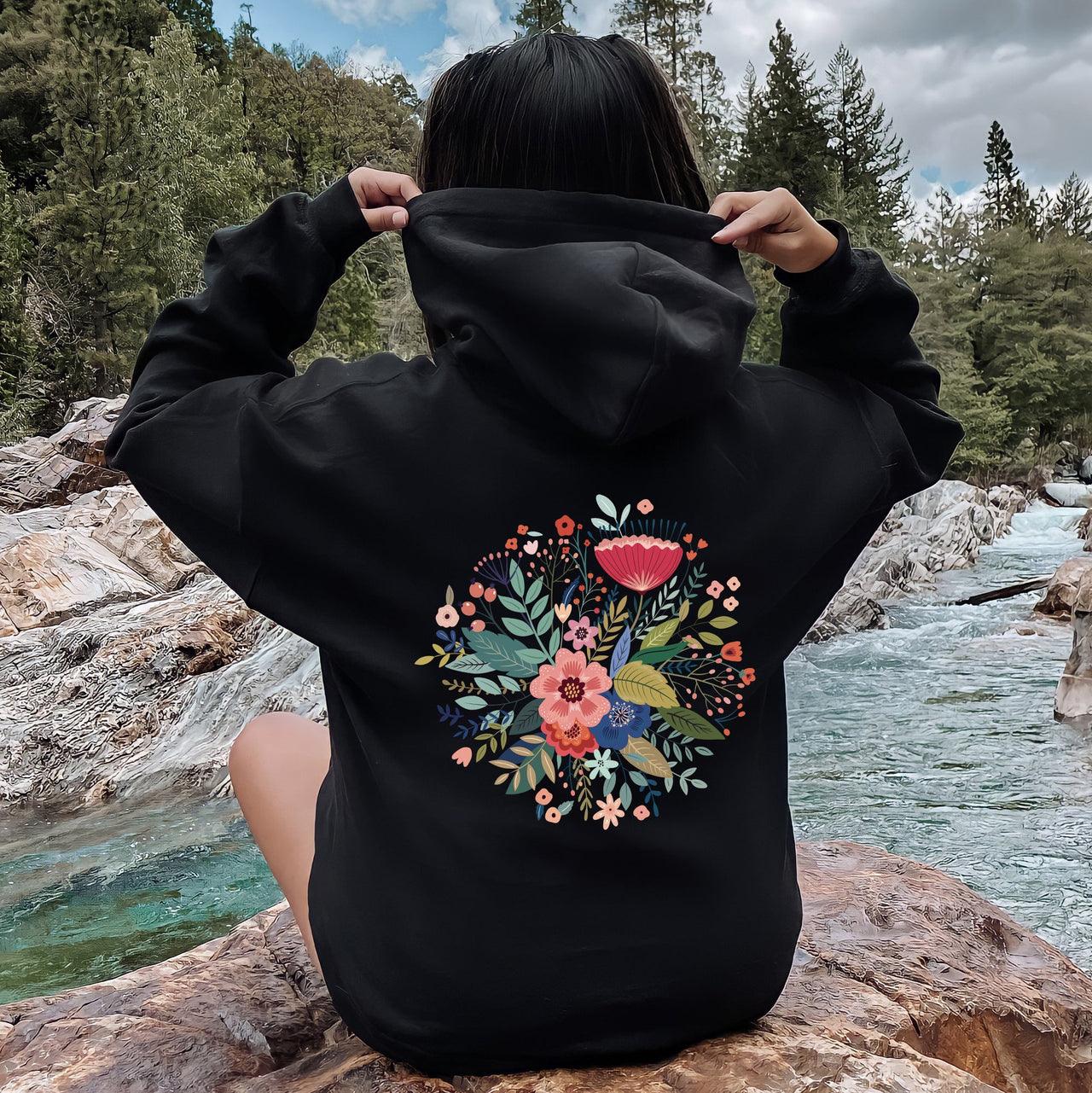 Circular Floral Folk Art Boho Mandala Circle Print Vintage Botanical Motif Collection Artwork Hoodie