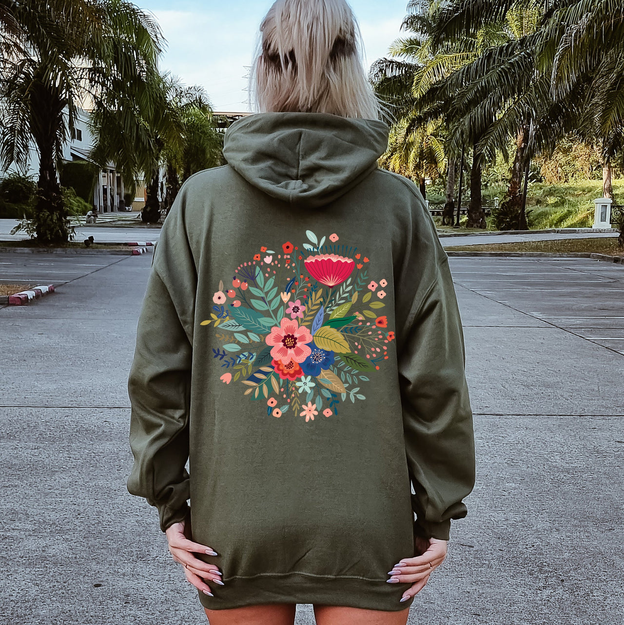 Circular Floral Folk Art Boho Mandala Circle Print Vintage Botanical Motif Collection Artwork Hoodie