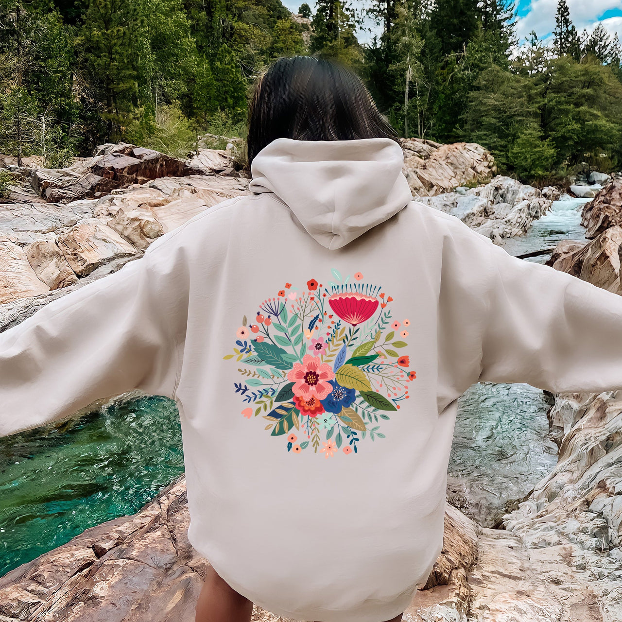 Circular Floral Folk Art Boho Mandala Circle Print Vintage Botanical Motif Collection Artwork Hoodie