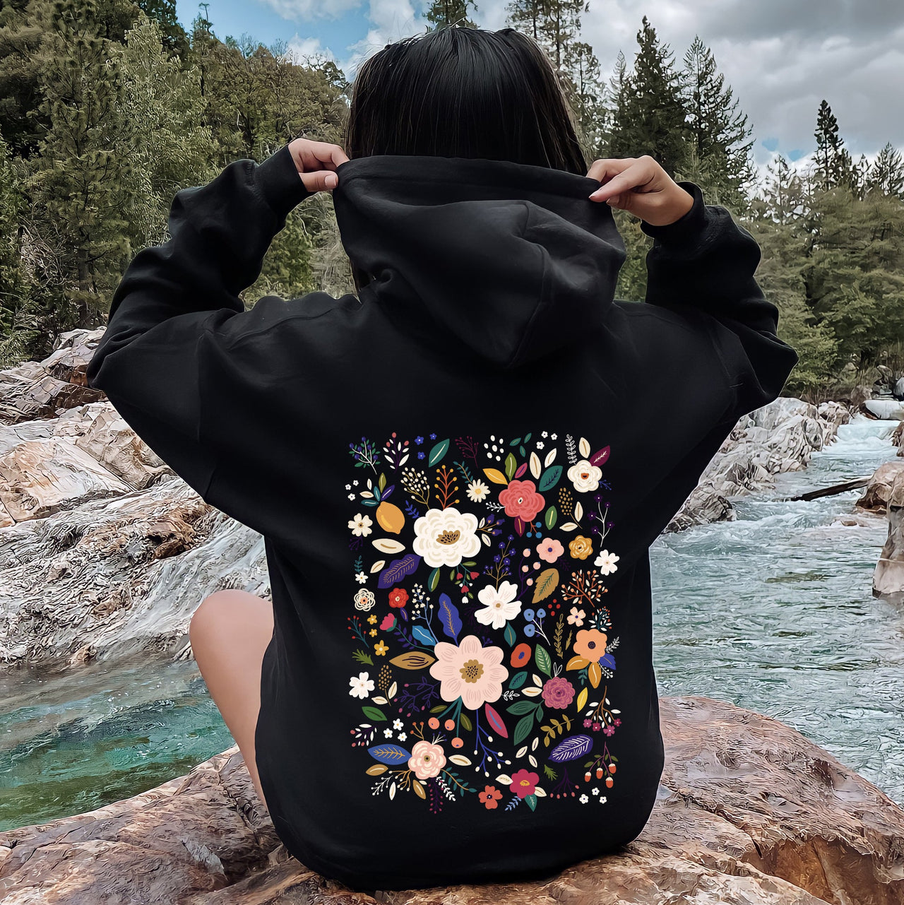 Flower Field Whimsical Colorful Floral Garden Scene Illustration Artwork Print Collection Hoodie