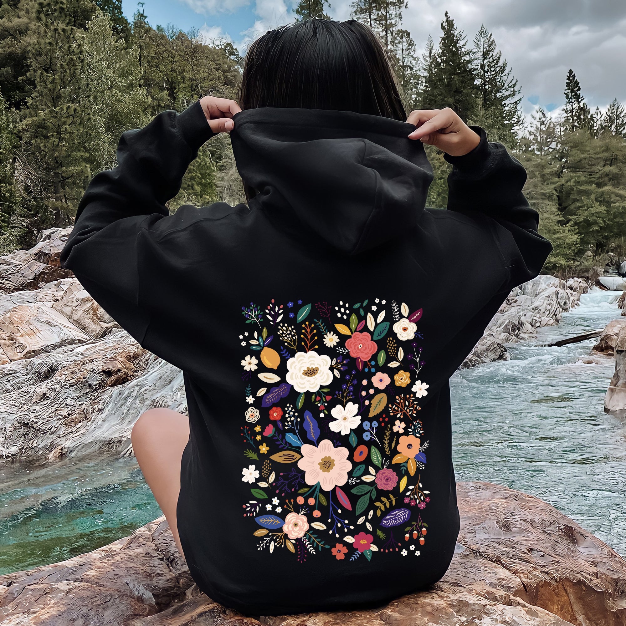 Flower Field Whimsical Colorful Floral Garden Scene Illustration Artwork Print Collection Hoodie