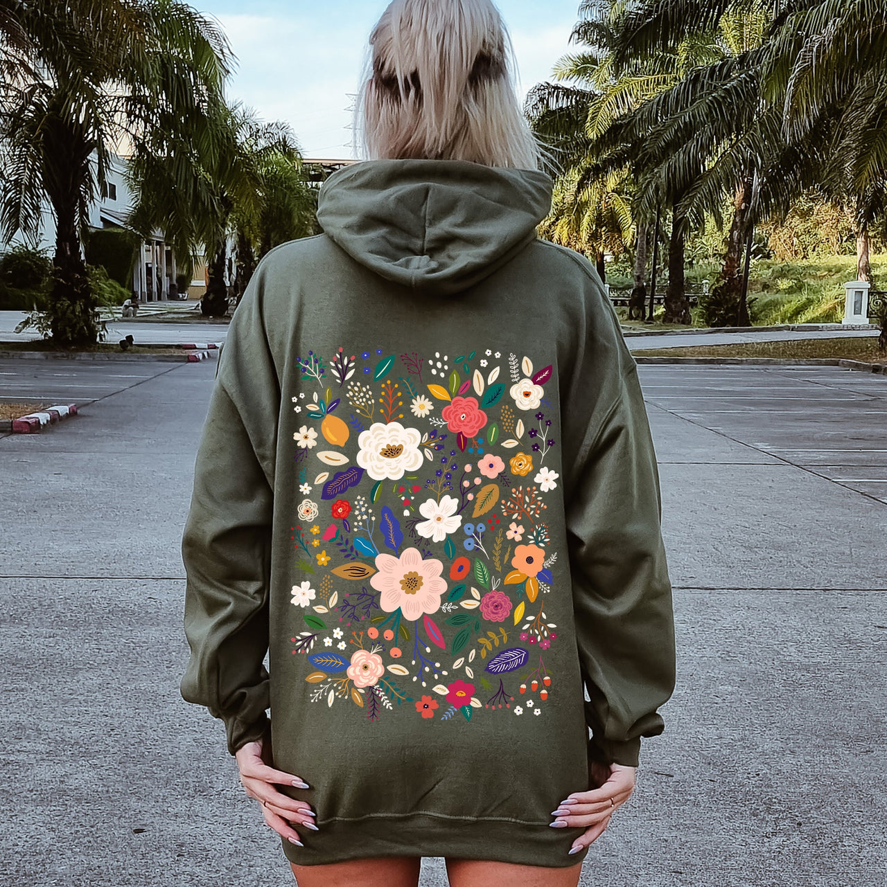 Flower Field Whimsical Colorful Floral Garden Scene Illustration Artwork Print Collection Hoodie