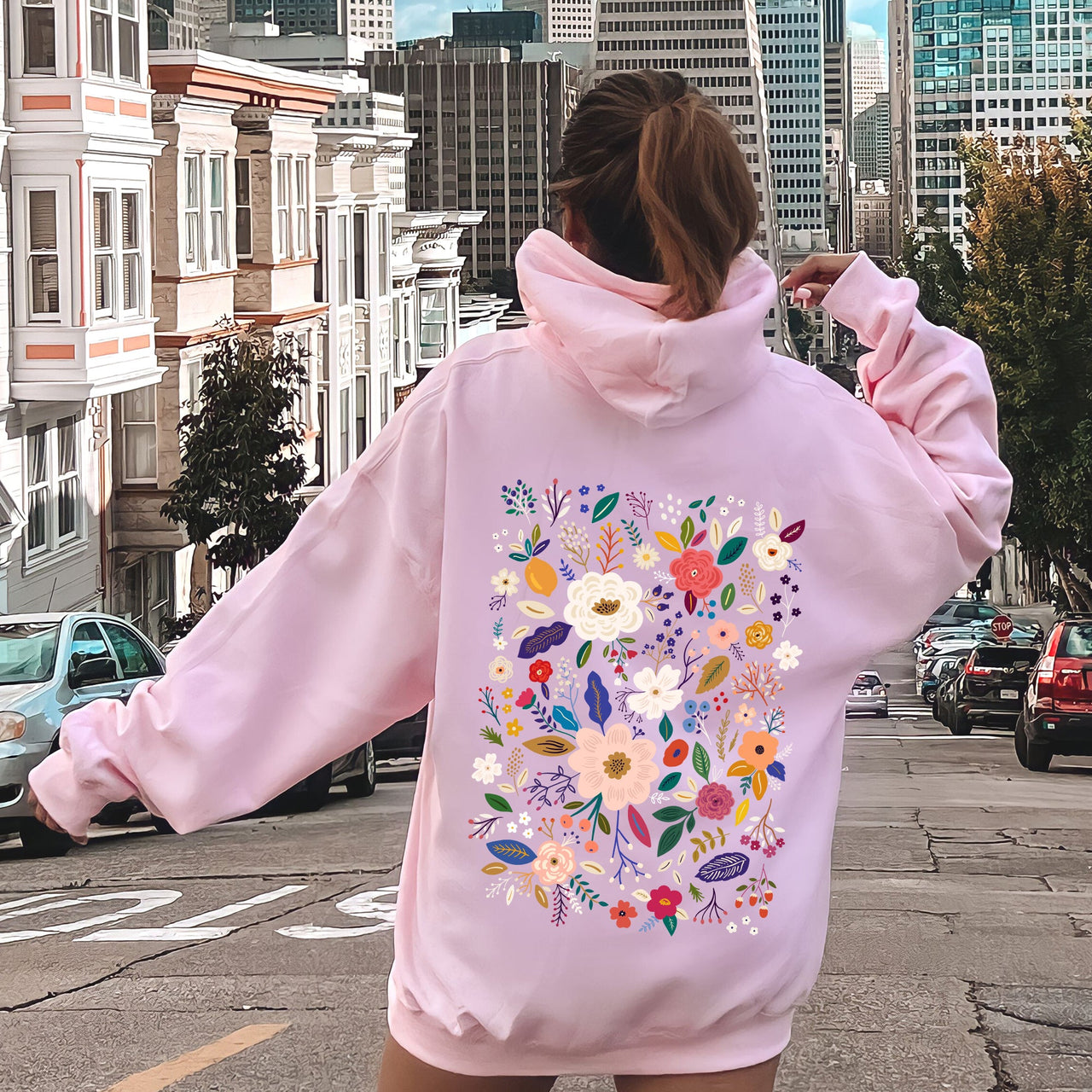 Flower Field Whimsical Colorful Floral Garden Scene Illustration Artwork Print Collection Hoodie