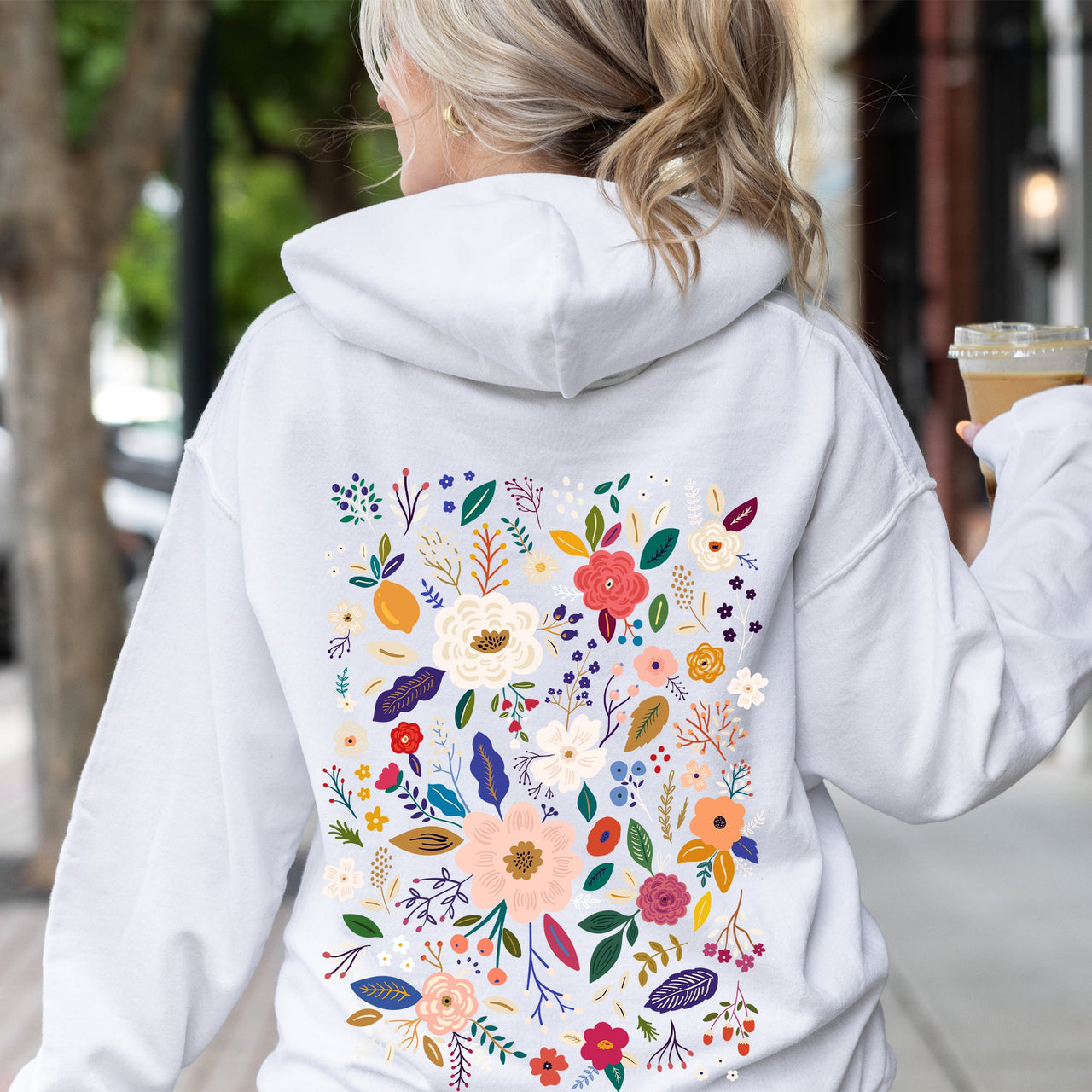 Flower Field Whimsical Colorful Floral Garden Scene Illustration Artwork Print Collection Hoodie
