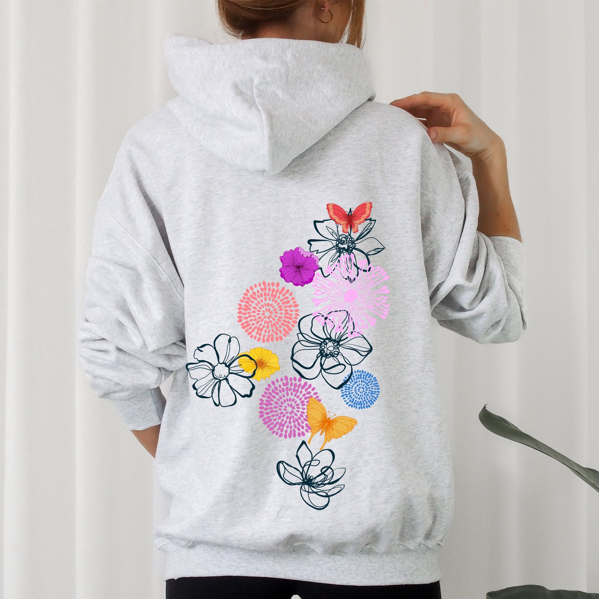 Floral Outlines Flower Doodle Botanical Sketches In Soft Fleece Cozy Everyday Wear Hoodie