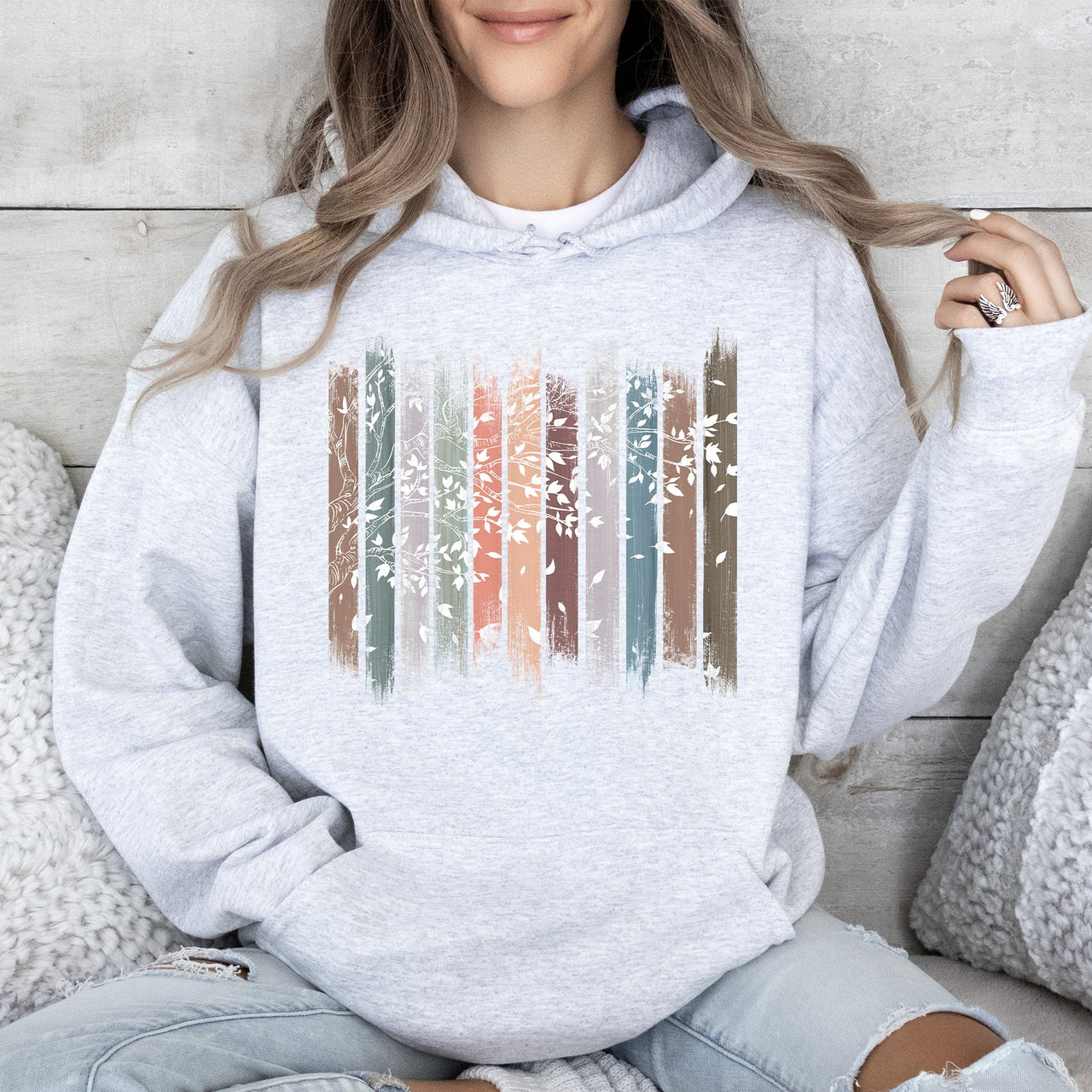 Falling Leaves, Botanical Stripes Autumn Foliage Pattern With Soft Fleece Hoodie