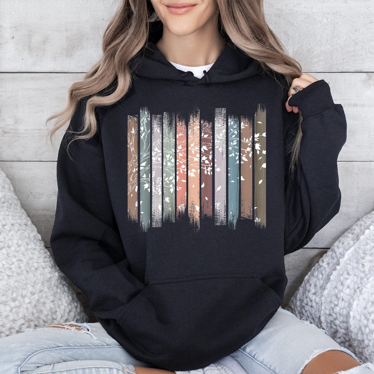 Falling Leaves, Botanical Stripes Autumn Foliage Pattern With Soft Fleece Hoodie