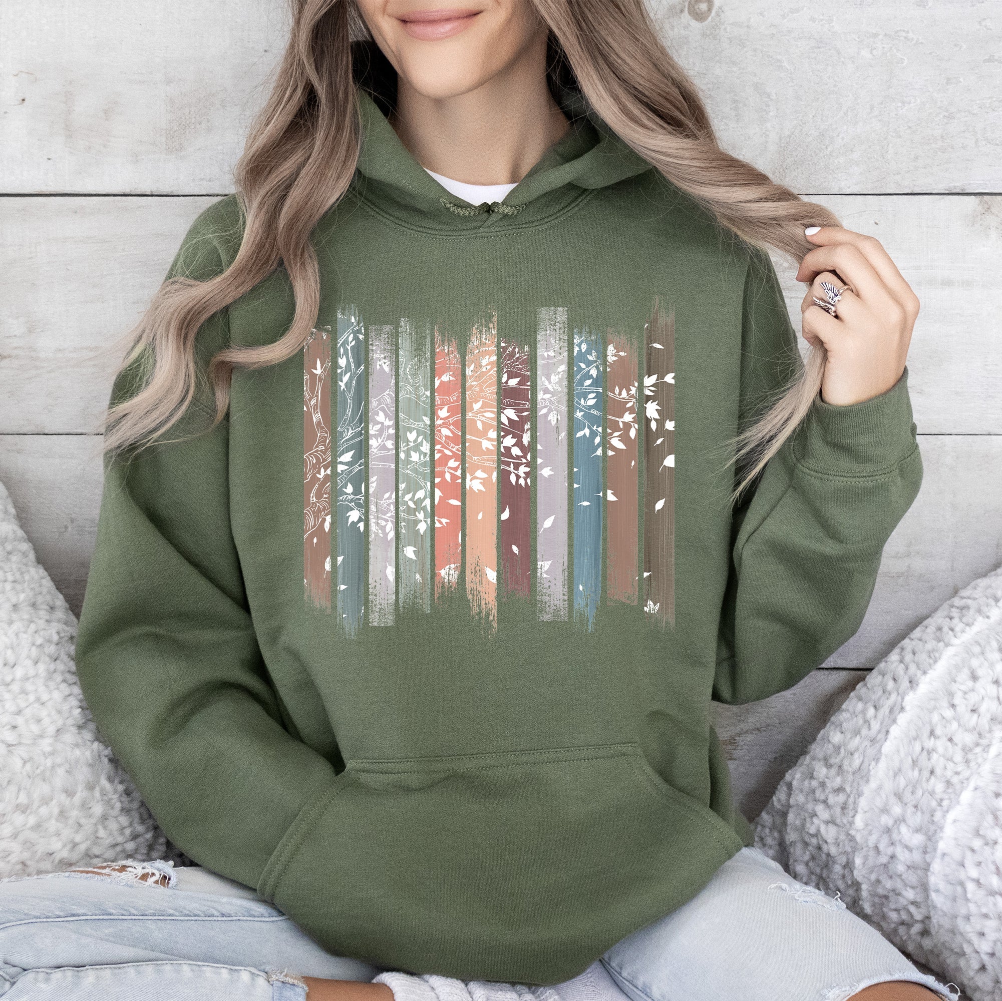 Falling Leaves, Botanical Stripes Autumn Foliage Pattern With Soft Fleece Hoodie