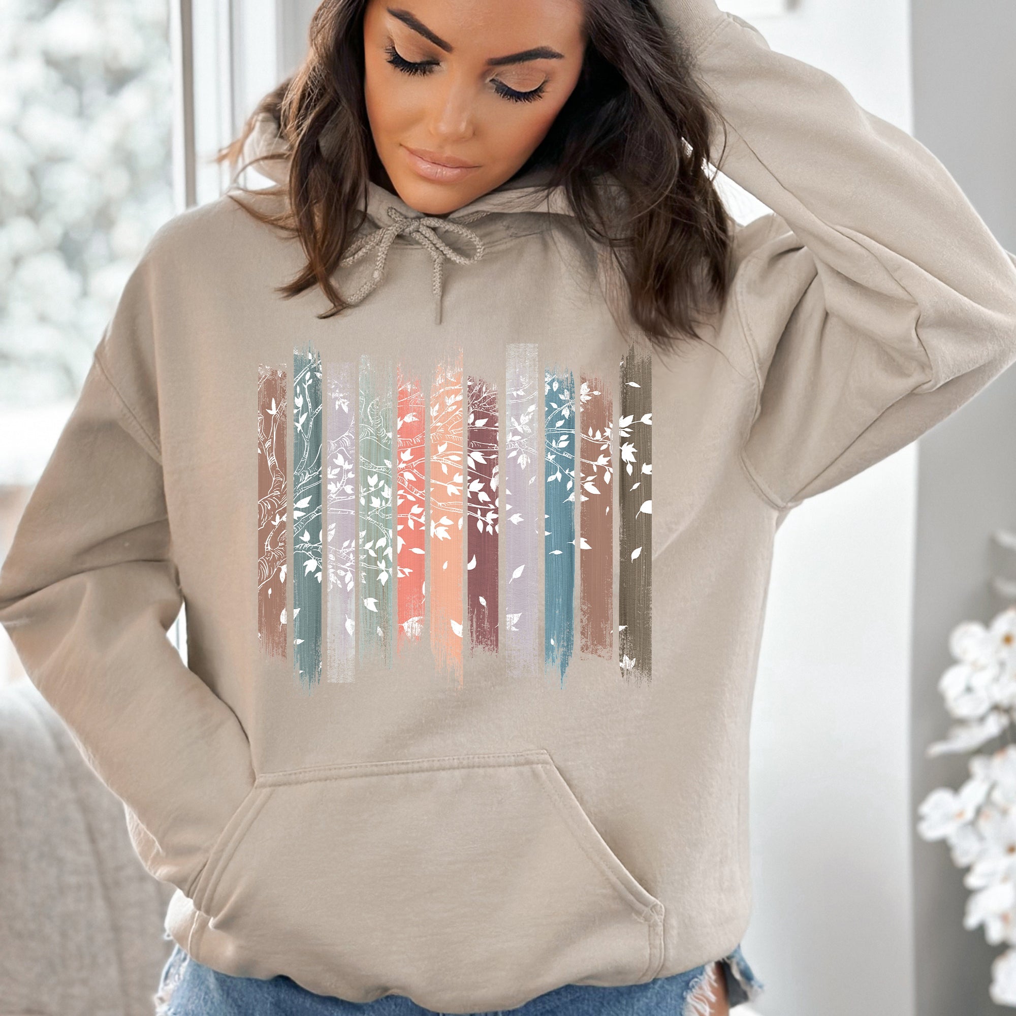 Falling Leaves, Botanical Stripes Autumn Foliage Pattern With Soft Fleece Hoodie