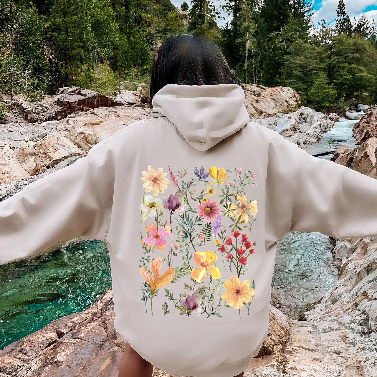 Mountain Meadow Pressed Flowers Botanical Illustration Garden Print Nature Inspired Hoodie