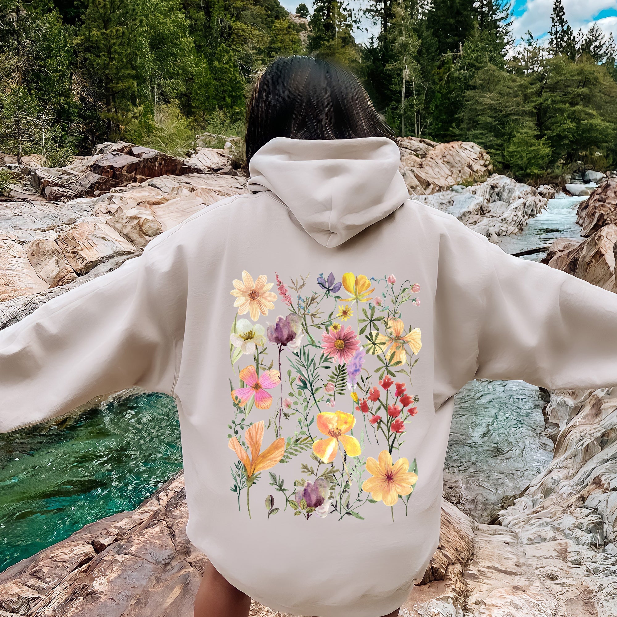 Mountain Meadow Pressed Flowers Botanical Illustration Garden Print Nature Inspired Hoodie
