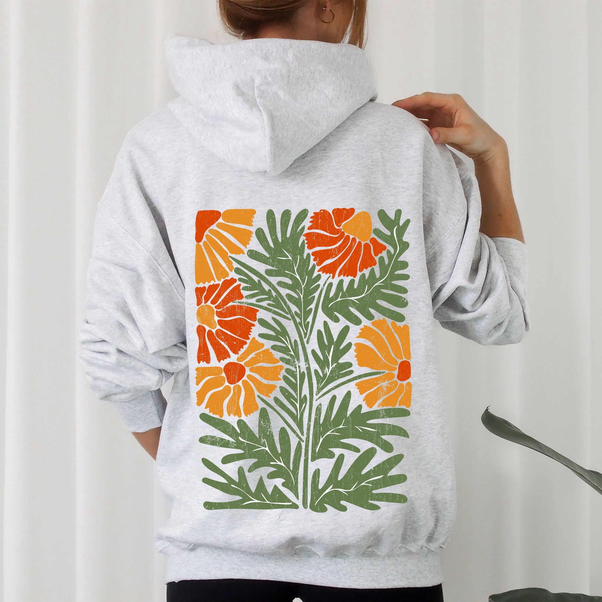 Retro Daisy Design Greens Orange Vintage Floral All Year Garden Bloom Print Hoodie