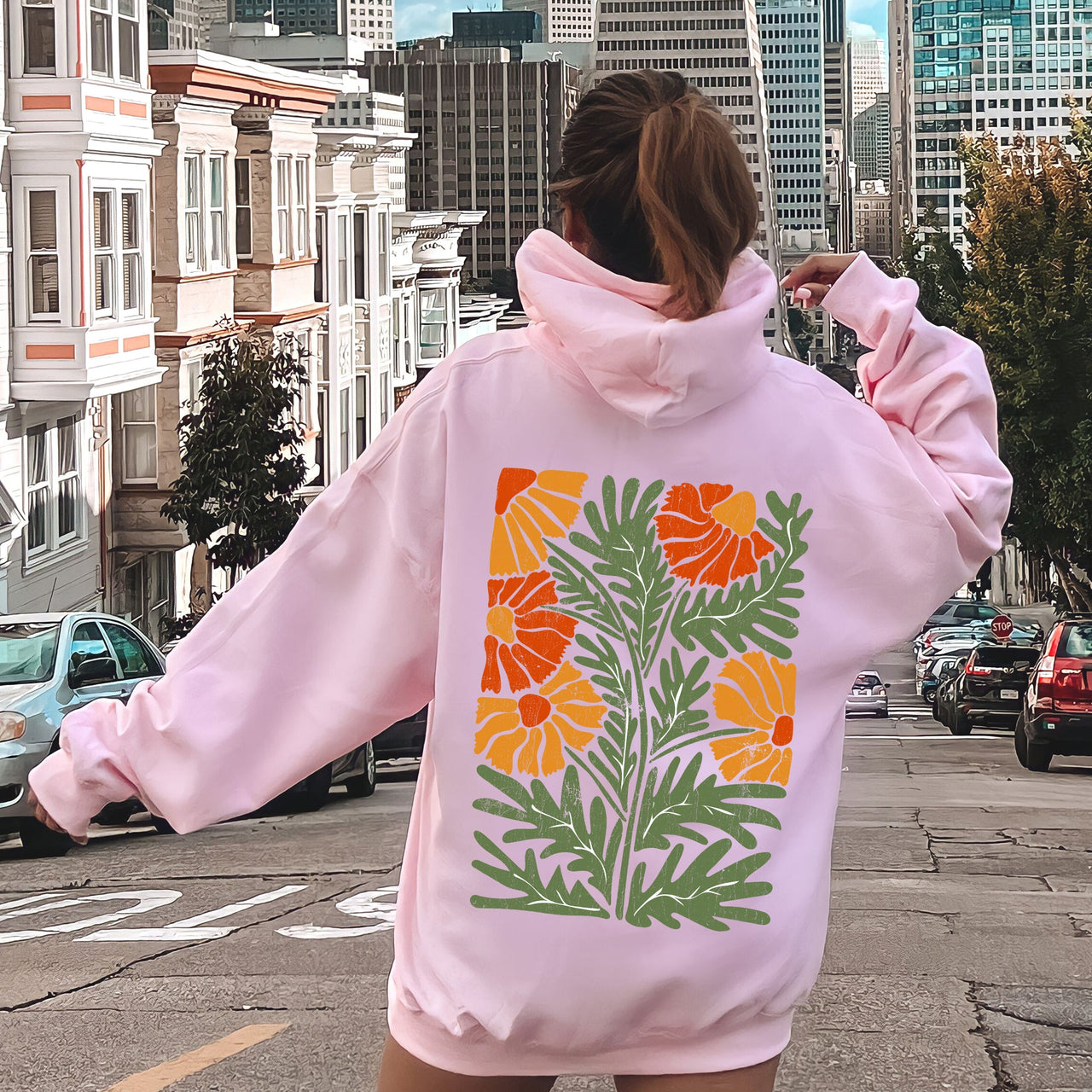 Retro Daisy Design Greens Orange Vintage Floral All Year Garden Bloom Print Hoodie