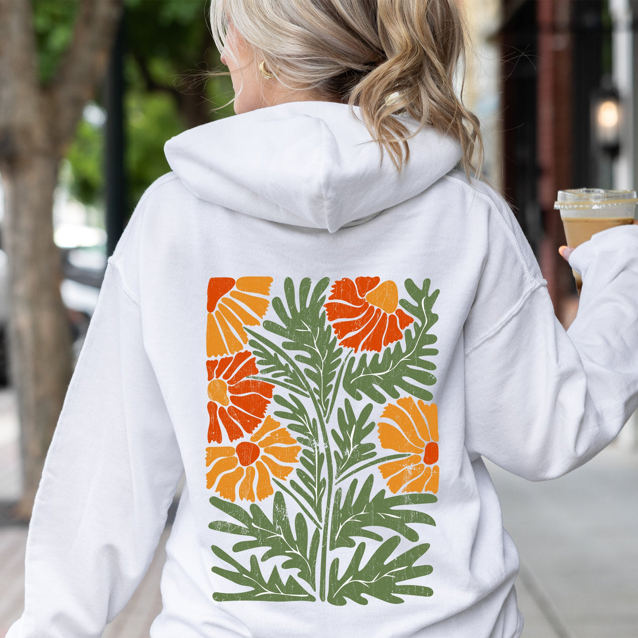 Retro Daisy Design Greens Orange Vintage Floral All Year Garden Bloom Print Hoodie