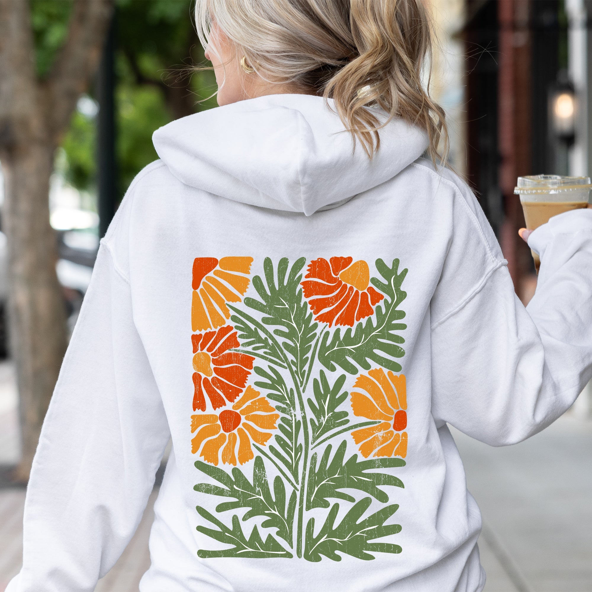 Retro Daisy Design Greens Orange Vintage Floral All Year Garden Bloom Print Hoodie