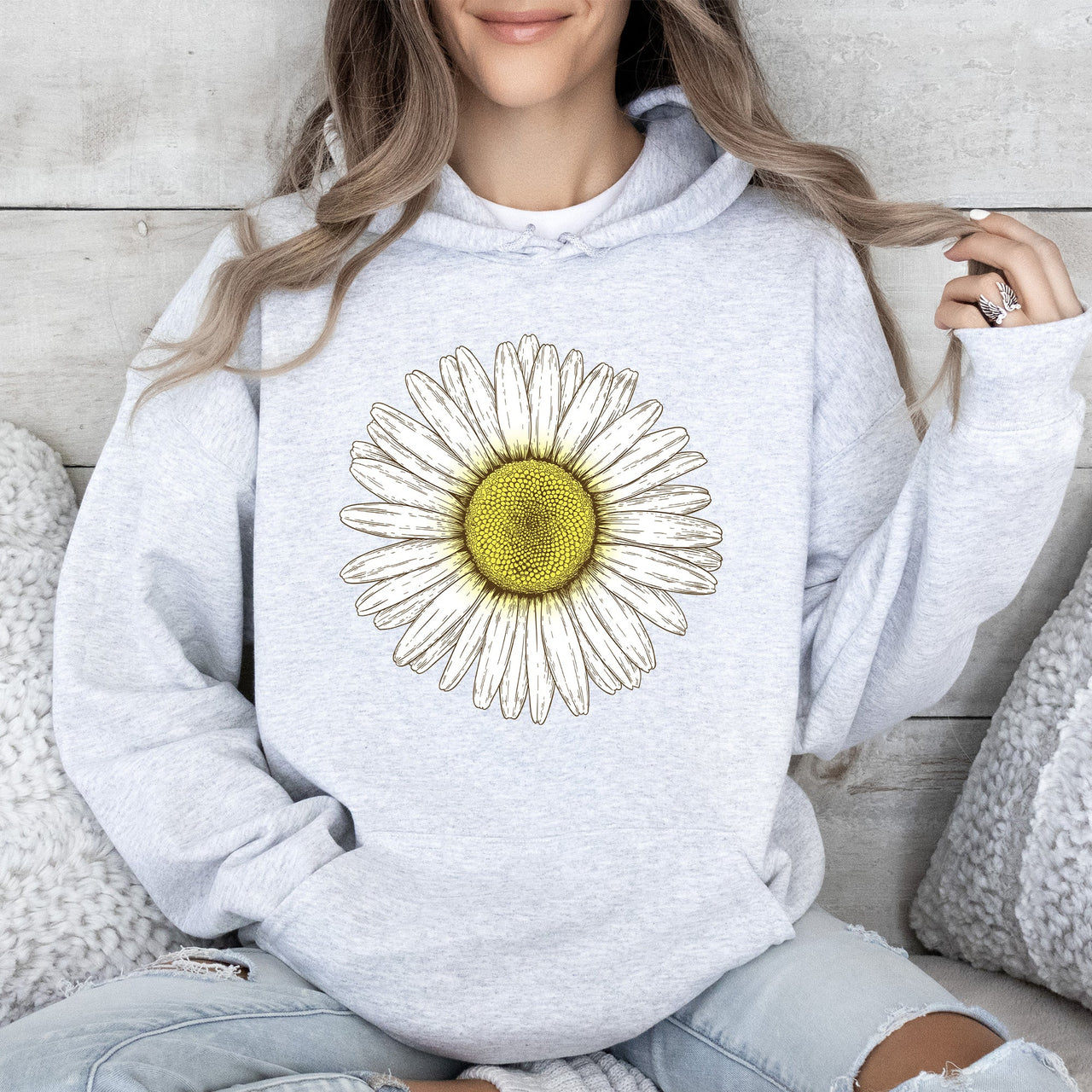 Retro Daisy Print Vintage Floral Garden Motif With Soft Fleece Inside Cozy Everyday Hoodie