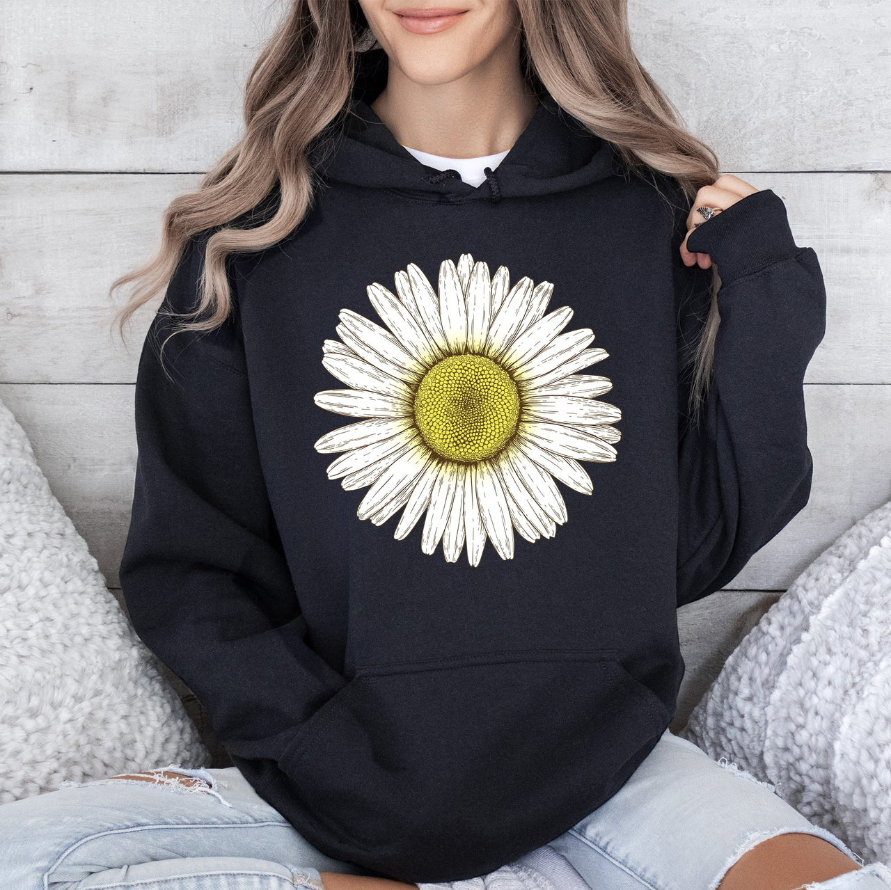 Retro Daisy Print Vintage Floral Garden Motif With Soft Fleece Inside Cozy Everyday Hoodie