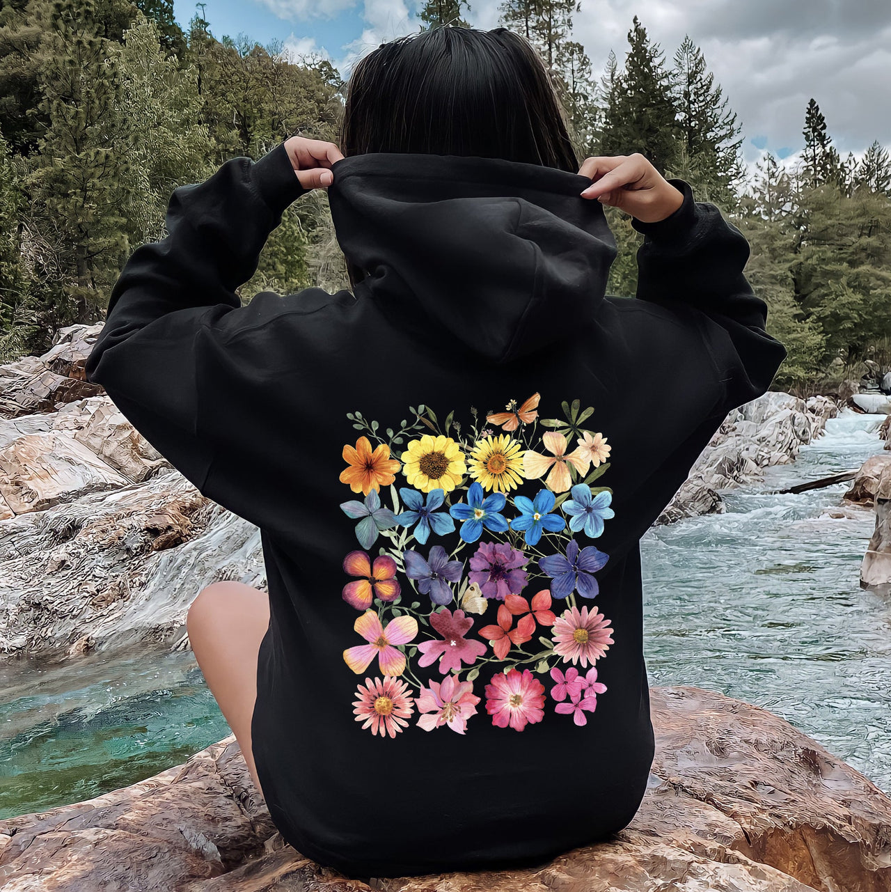 Bright Pressed Flowers Graphic Hoodie