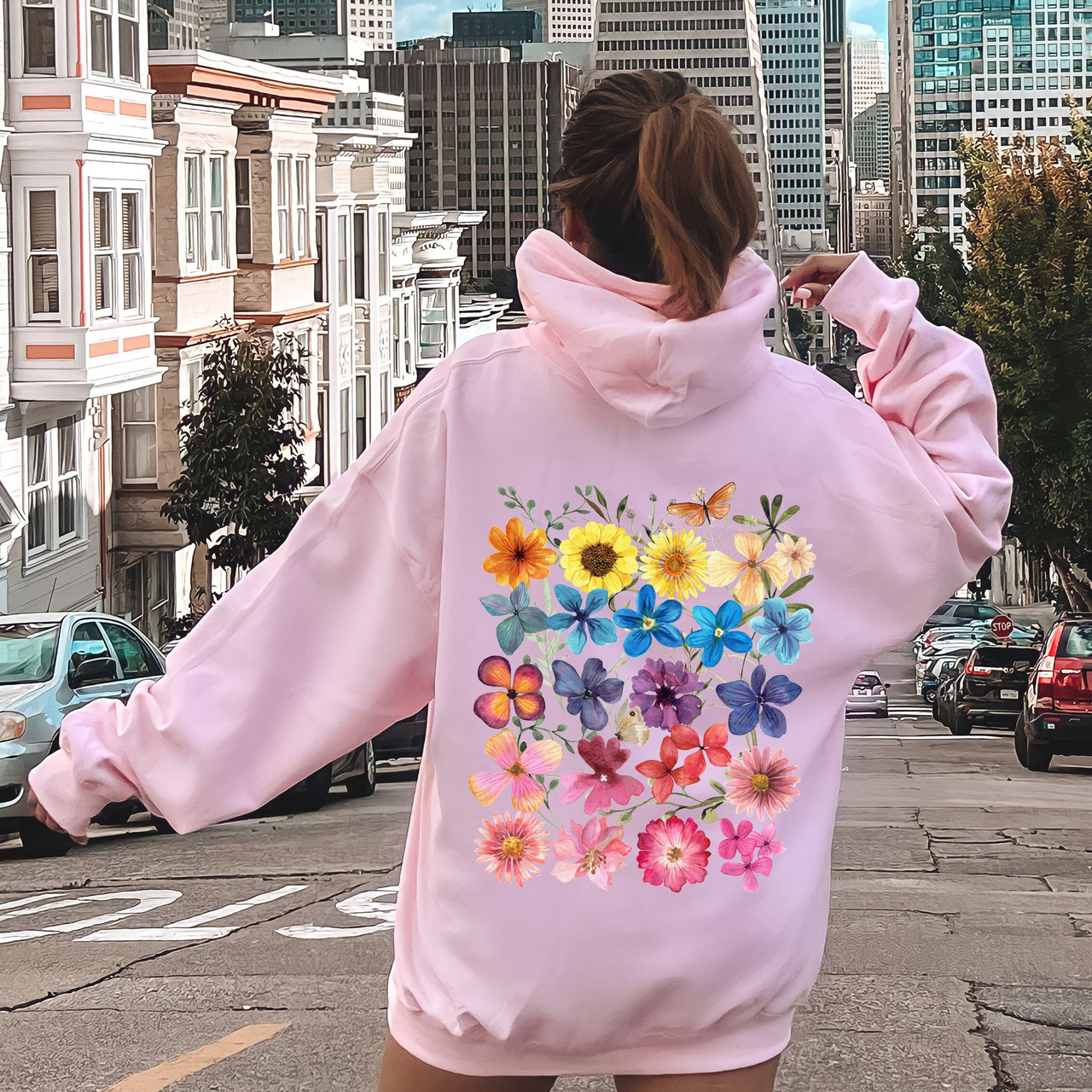 Bright Pressed Flowers Graphic Hoodie