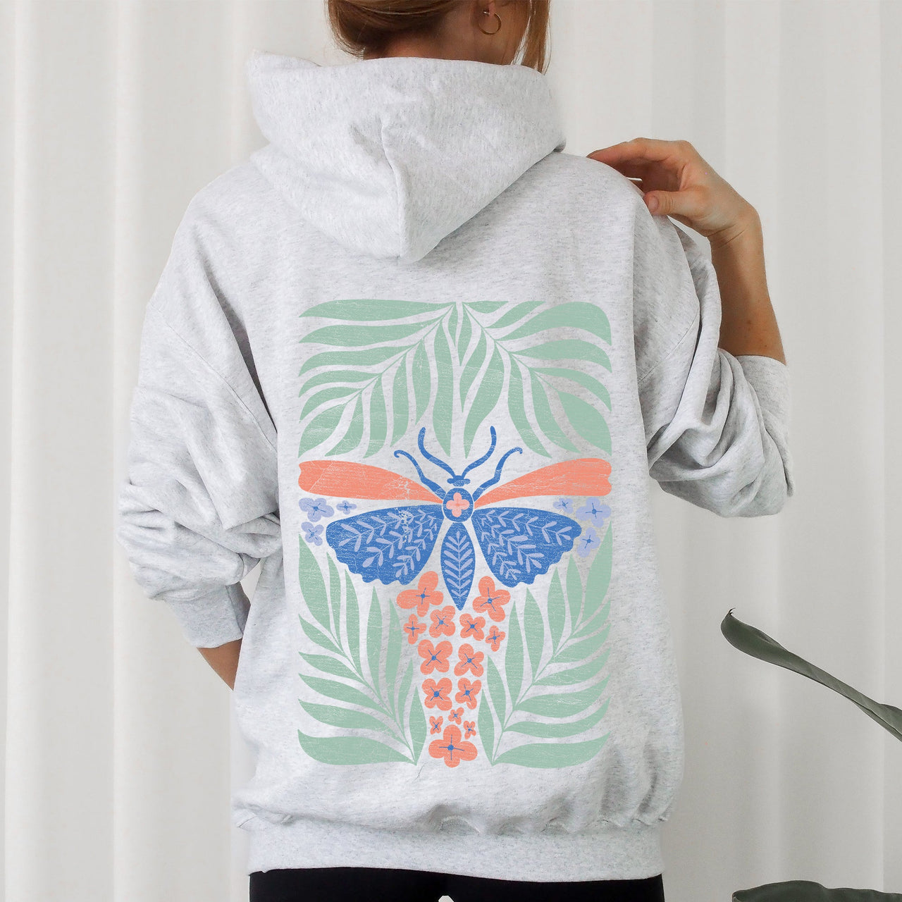 Tropical Butterfly and Palm Design Boho Print Beachside Paradise Illustration Artwork Hoodie