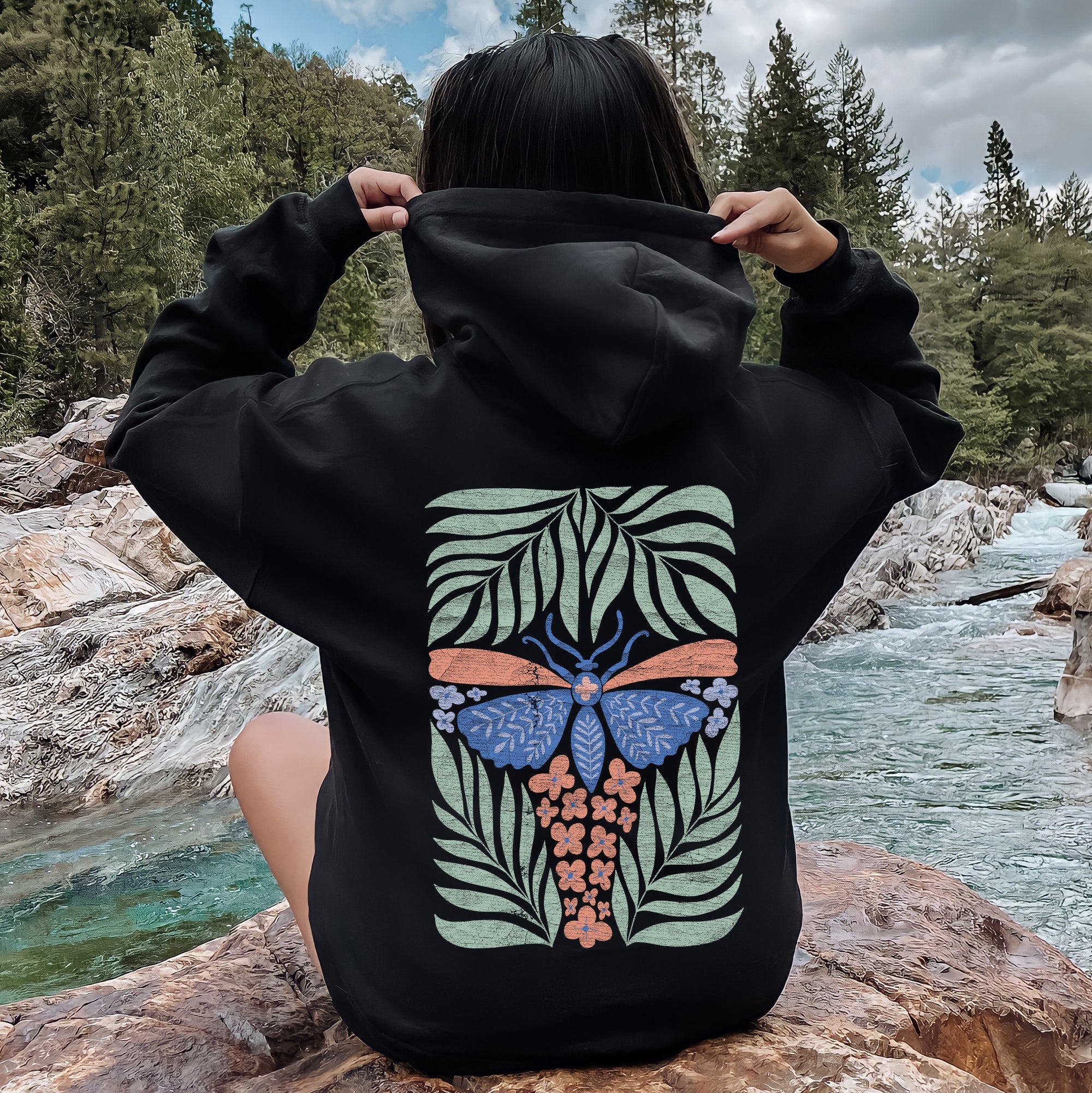 Tropical Butterfly and Palm Design Boho Print Beachside Paradise Illustration Artwork Hoodie