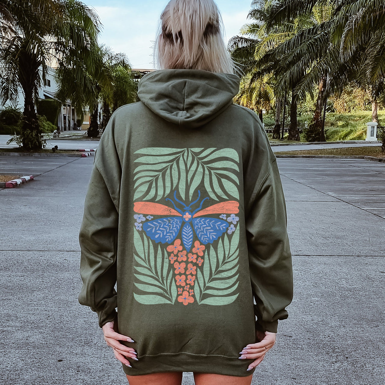Tropical Butterfly and Palm Design Boho Print Beachside Paradise Illustration Artwork Hoodie