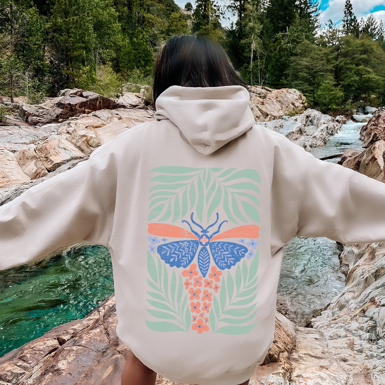Tropical Butterfly and Palm Design Boho Print Beachside Paradise Illustration Artwork Hoodie
