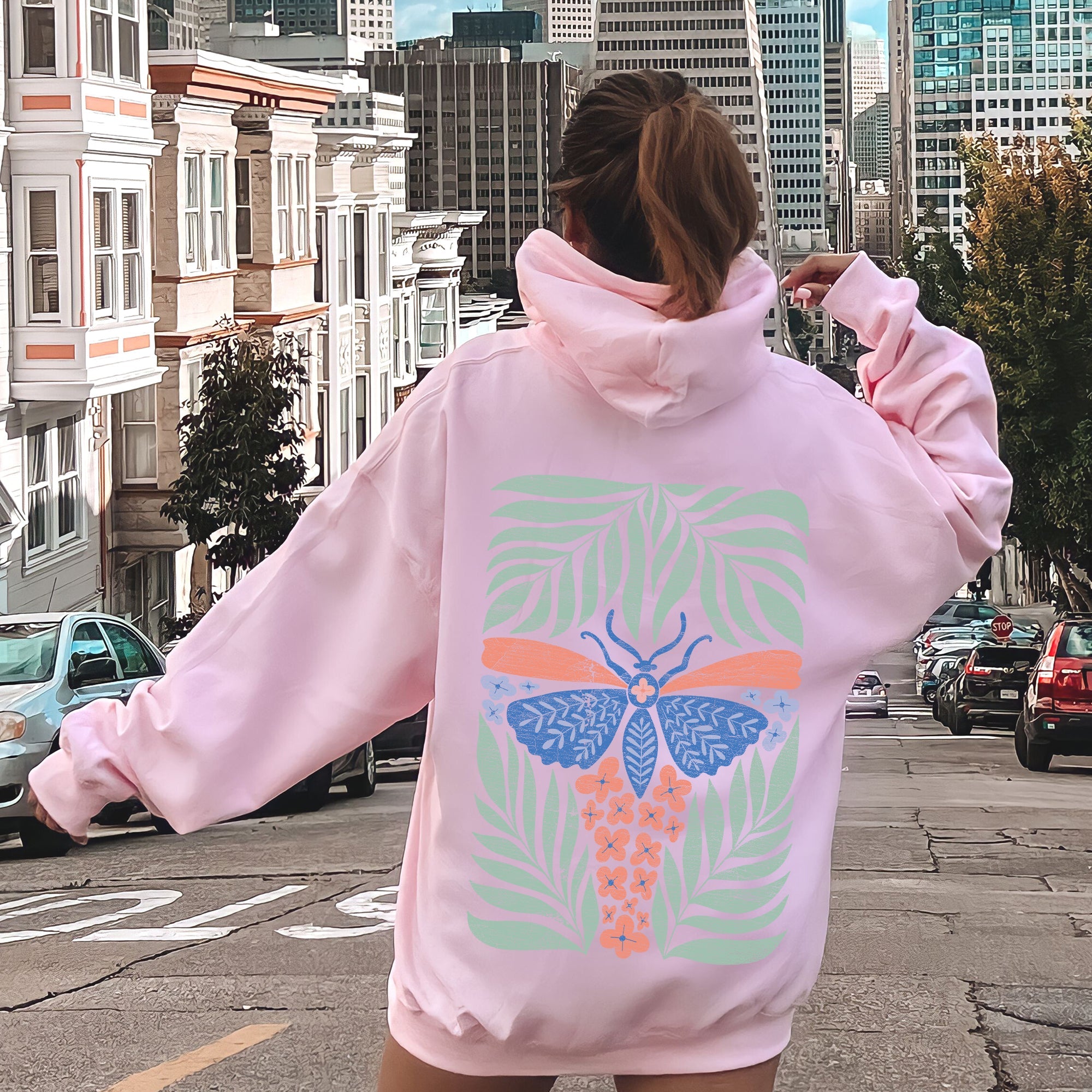 Tropical Butterfly and Palm Design Boho Print Beachside Paradise Illustration Artwork Hoodie
