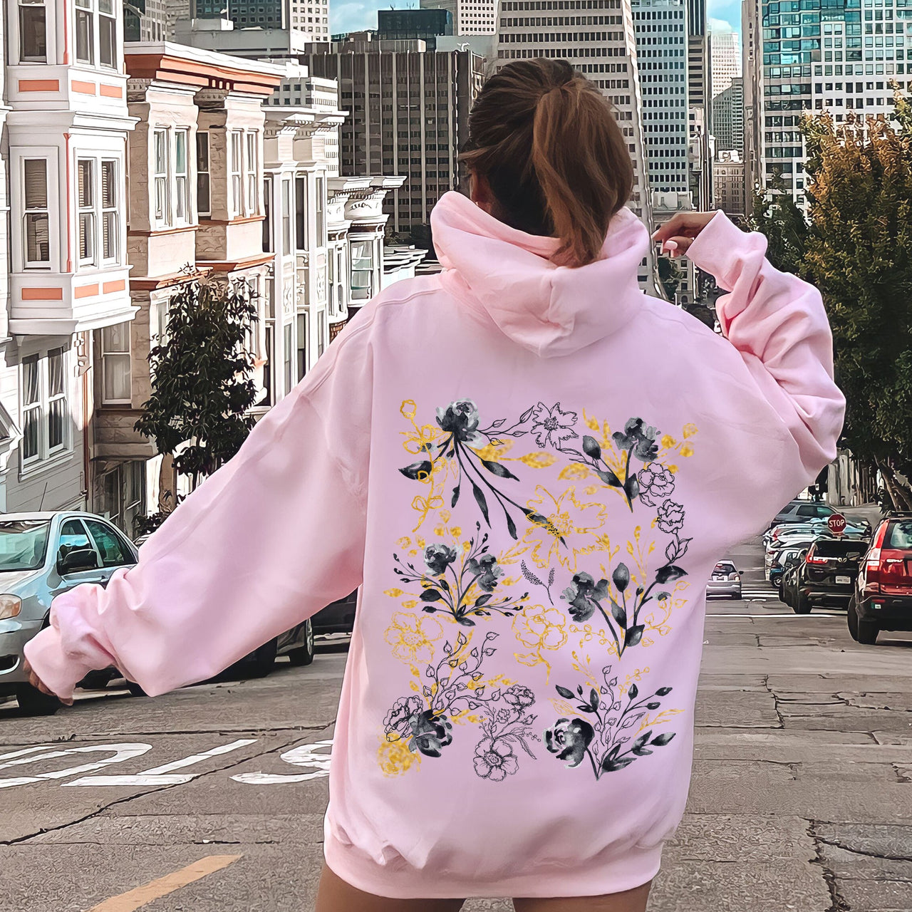 Floral Pattern Botanical Flowers Garden Bloom Woodland Baroque Motif, Petals and Evergreen Leaves Dream Design Hoodie
