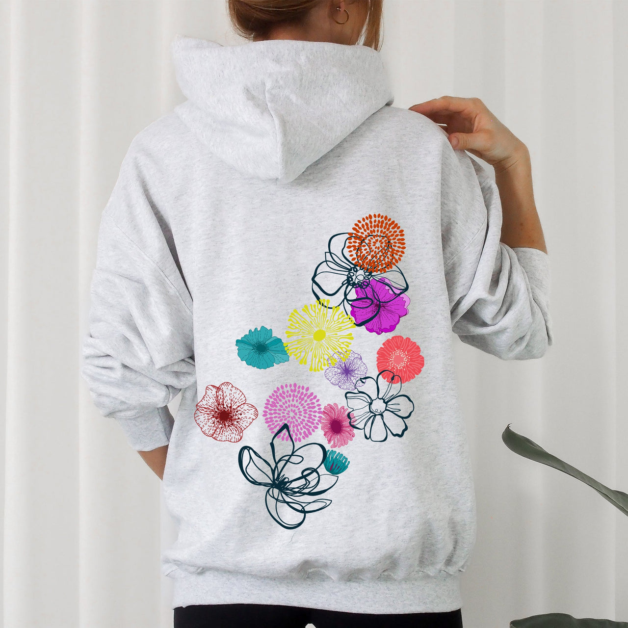 Floral Outlines Leaves Flowers Colorful Botanical Sketch Nature Inspired Abstract Garden Hoodie