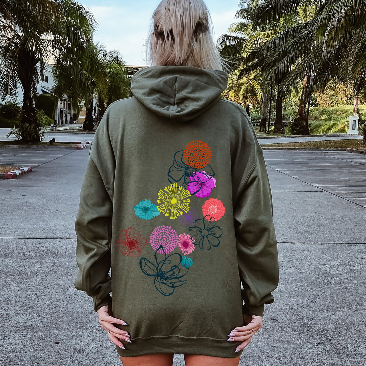 Floral Outlines Leaves Flowers Colorful Botanical Sketch Nature Inspired Abstract Garden Hoodie