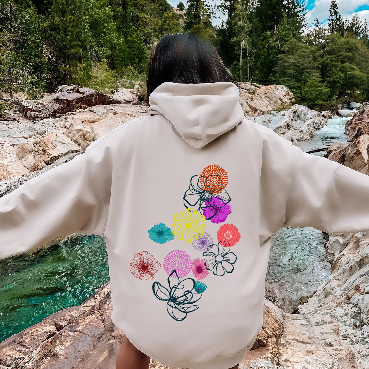Floral Outlines Leaves Flowers Colorful Botanical Sketch Nature Inspired Abstract Garden Hoodie
