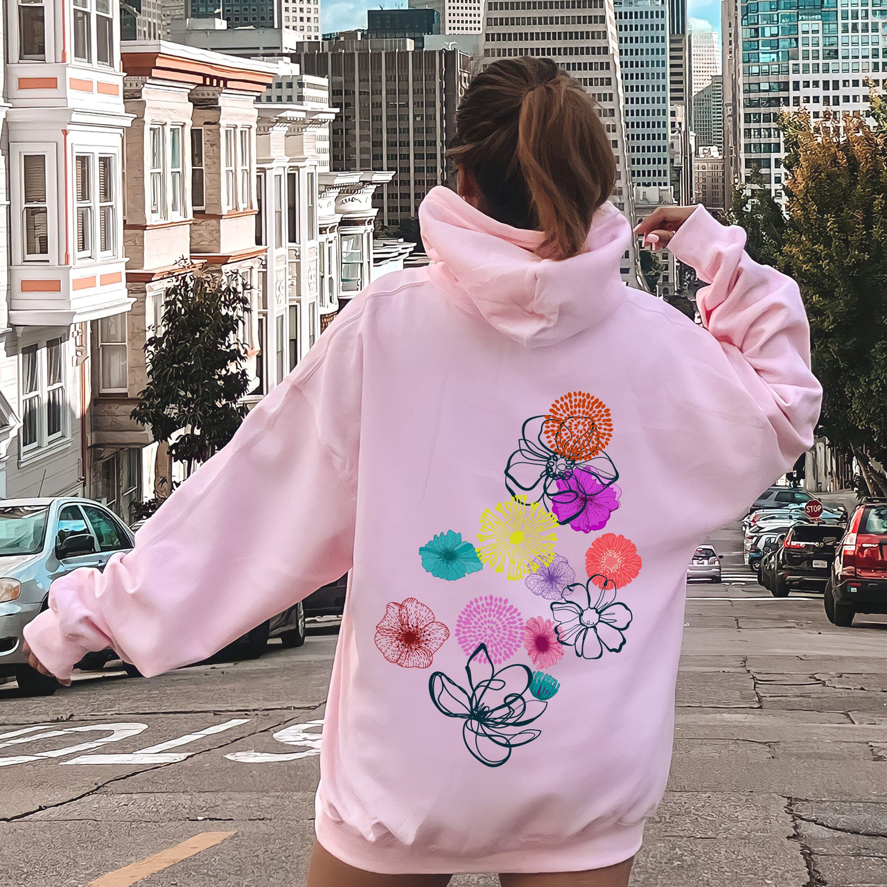 Floral Outlines Leaves Flowers Colorful Botanical Sketch Nature Inspired Abstract Garden Hoodie