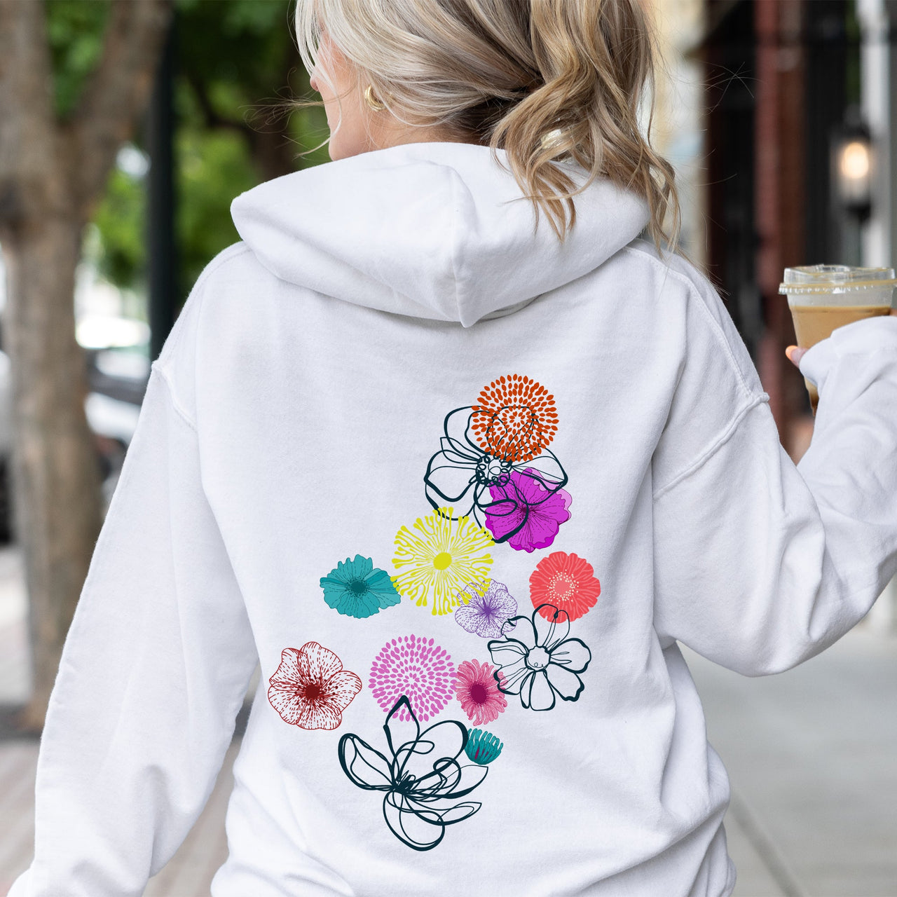Floral Outlines Leaves Flowers Colorful Botanical Sketch Nature Inspired Abstract Garden Hoodie