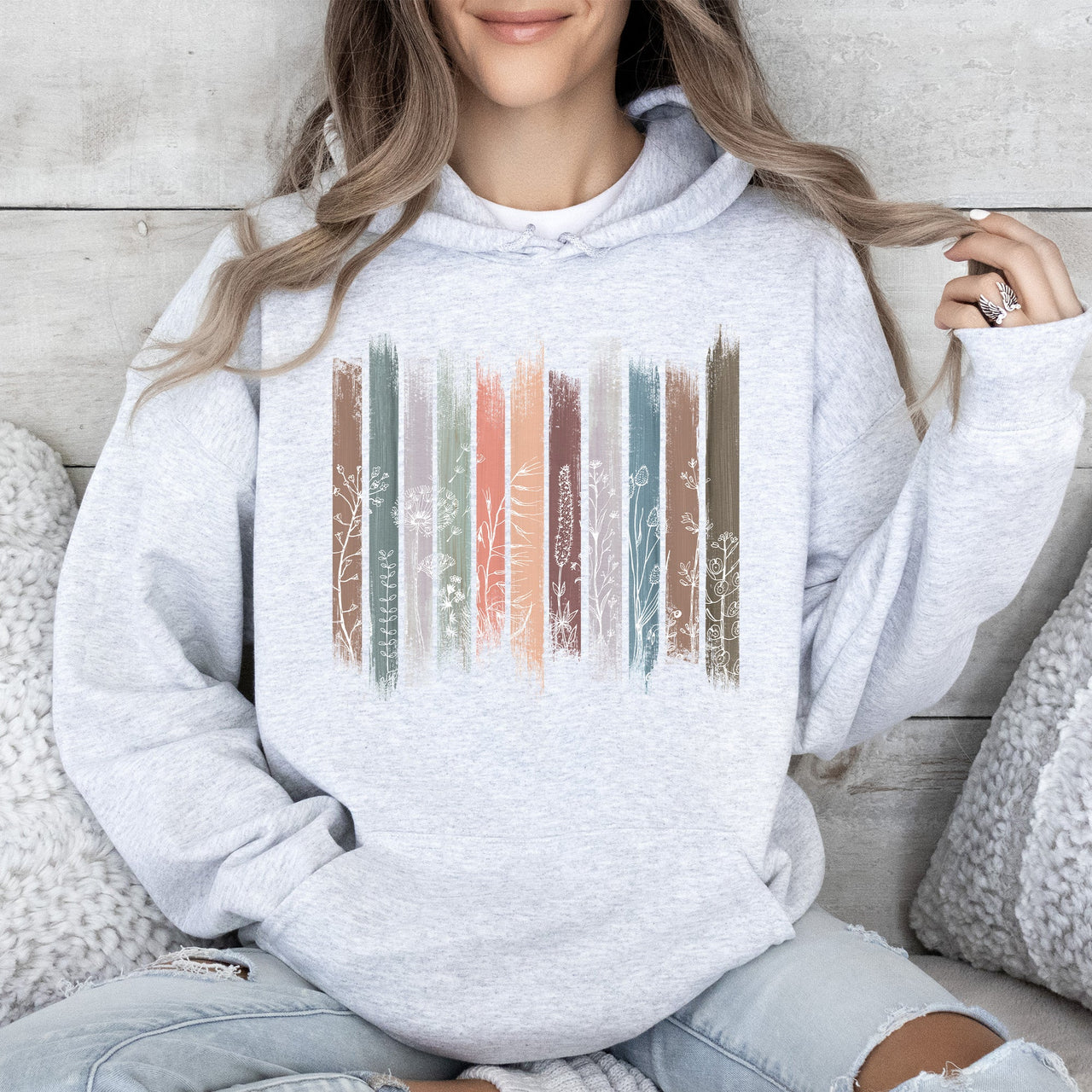 Wildflowers Nature Floral Botanical Stripes Cozy Soft Fleece Texture Vintage Inspired Everyday Wear Graphic Hoodie
