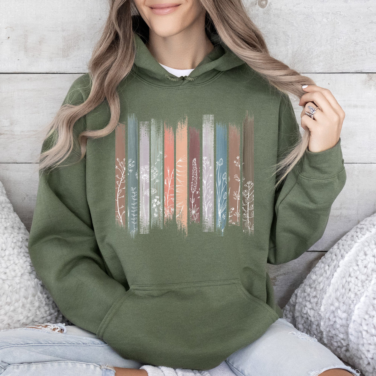 Wildflowers Nature Floral Botanical Stripes Cozy Soft Fleece Texture Vintage Inspired Everyday Wear Graphic Hoodie