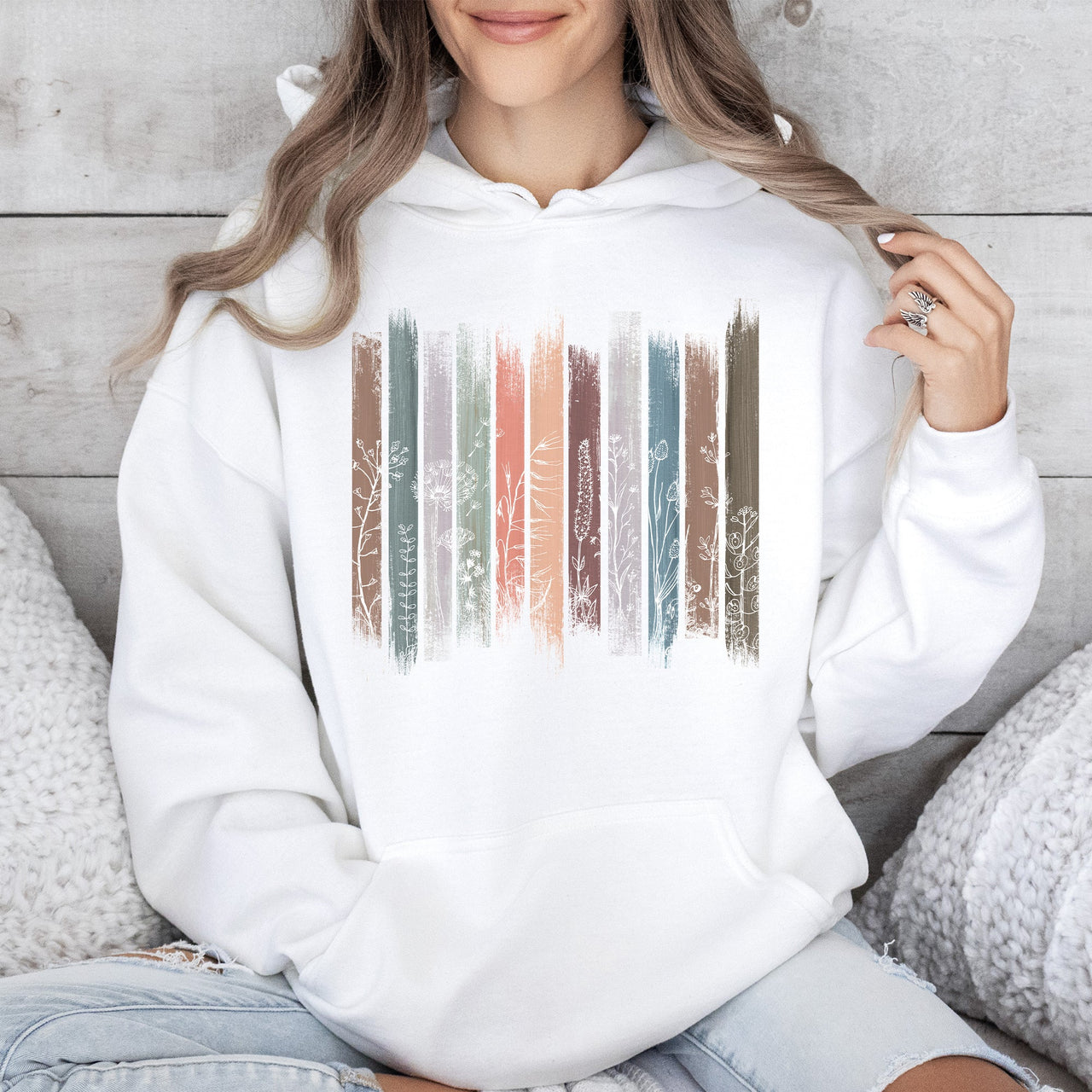 Wildflowers Nature Floral Botanical Stripes Cozy Soft Fleece Texture Vintage Inspired Everyday Wear Graphic Hoodie