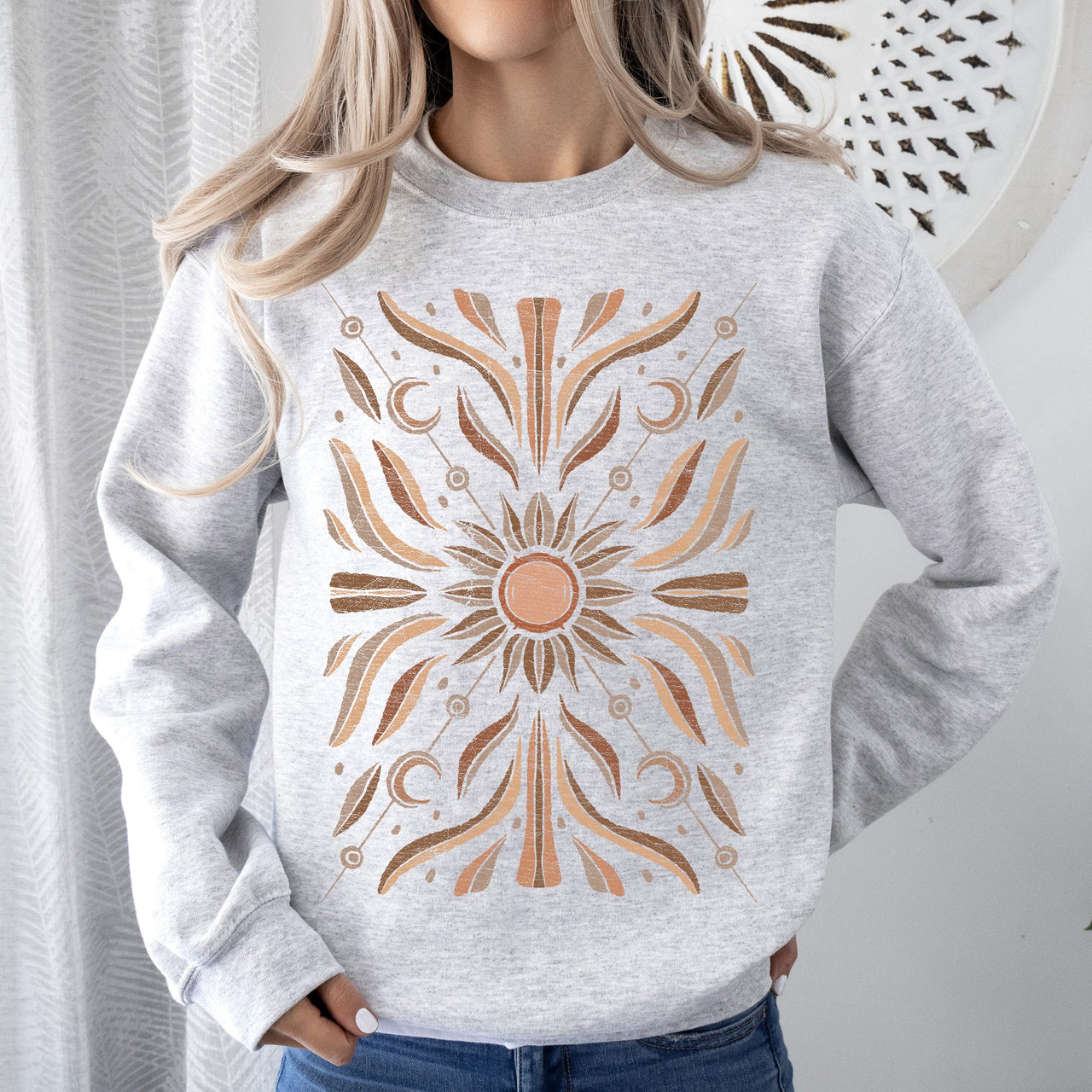 Boho Radiant Sun Celestial Mandala Print Cozy Fleece Lined Warm Winter Edition Sweatshirt