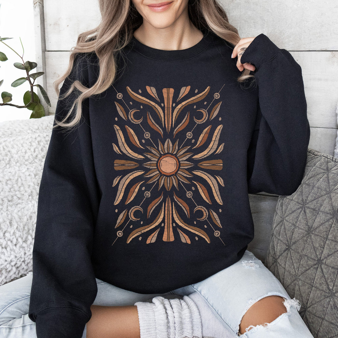 Boho Radiant Sun Celestial Mandala Print Cozy Fleece Lined Warm Winter Edition Sweatshirt