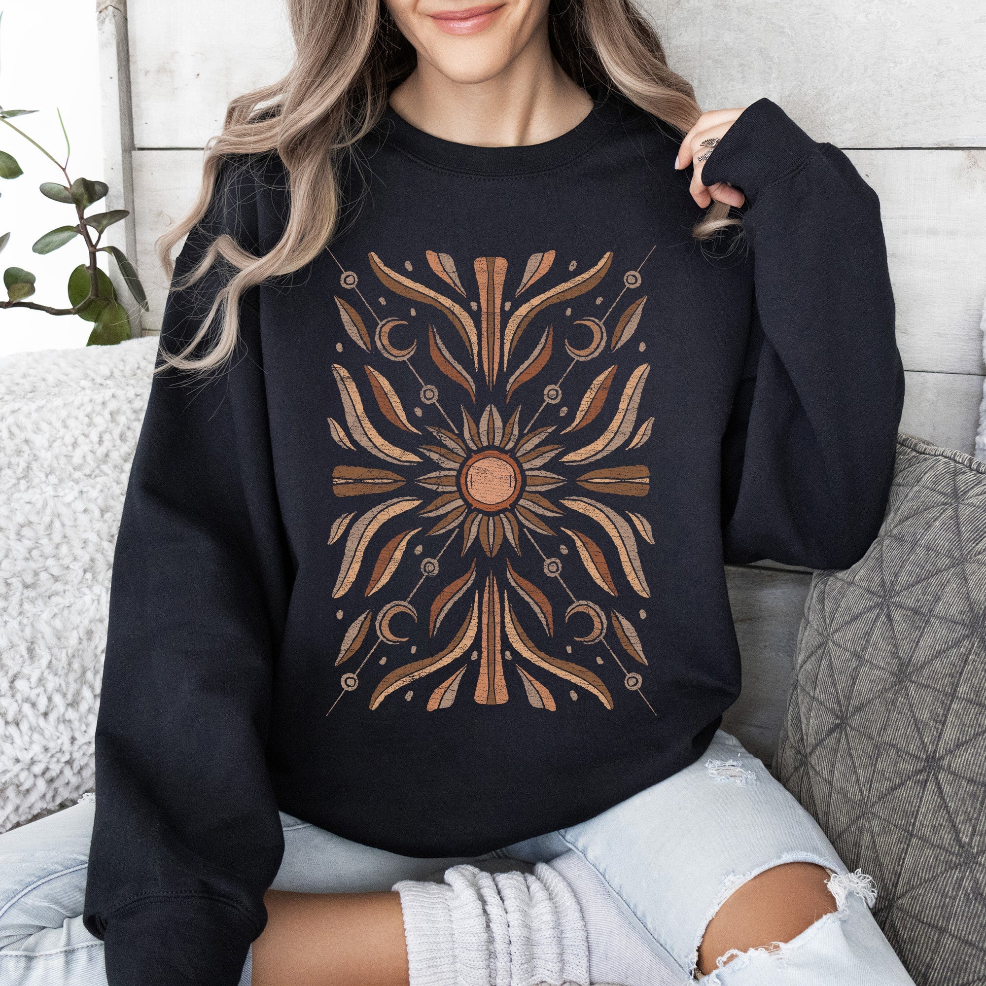 Boho Radiant Sun Celestial Mandala Print Cozy Fleece Lined Warm Winter Edition Sweatshirt