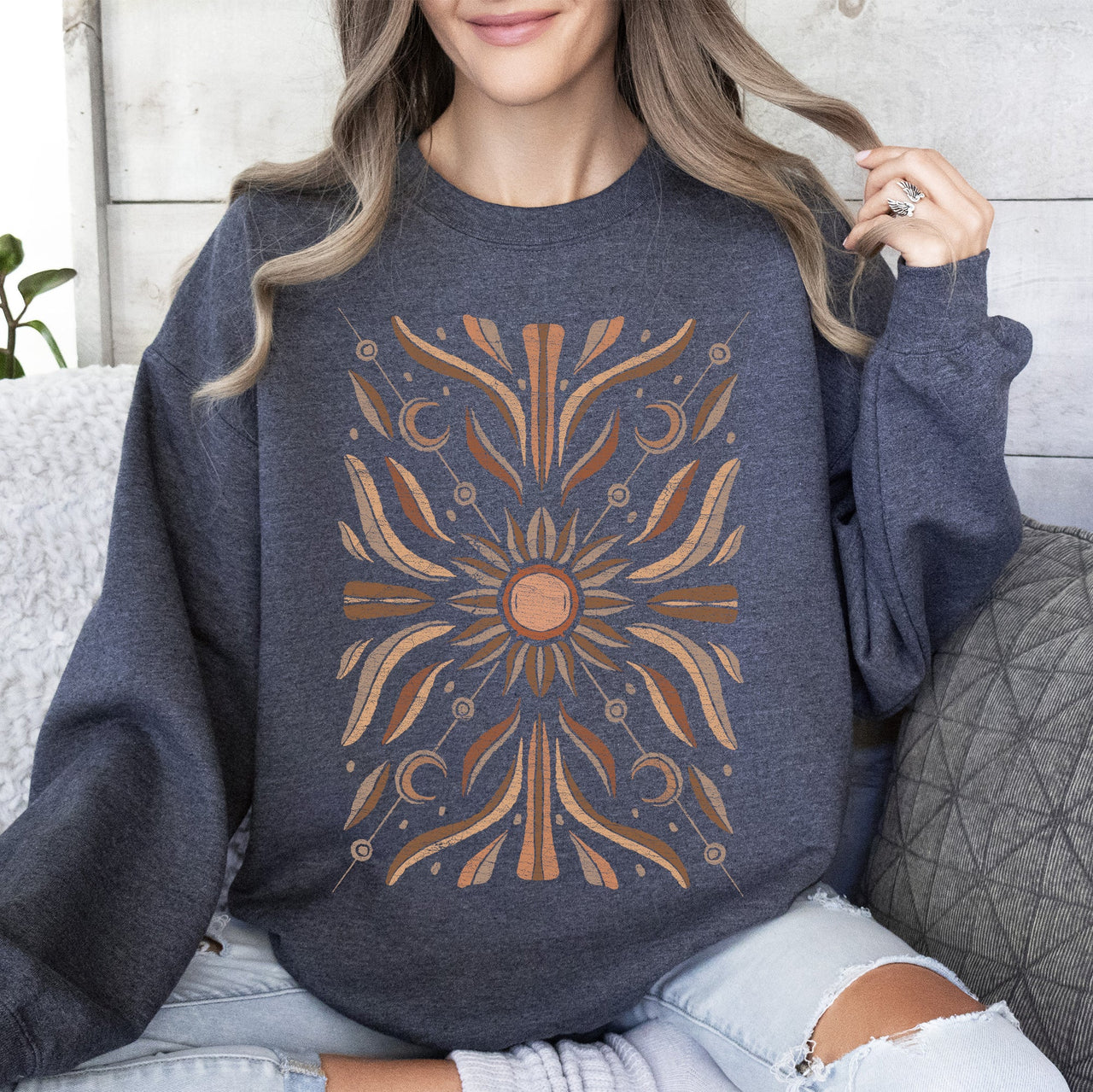 Boho Radiant Sun Celestial Mandala Print Cozy Fleece Lined Warm Winter Edition Sweatshirt