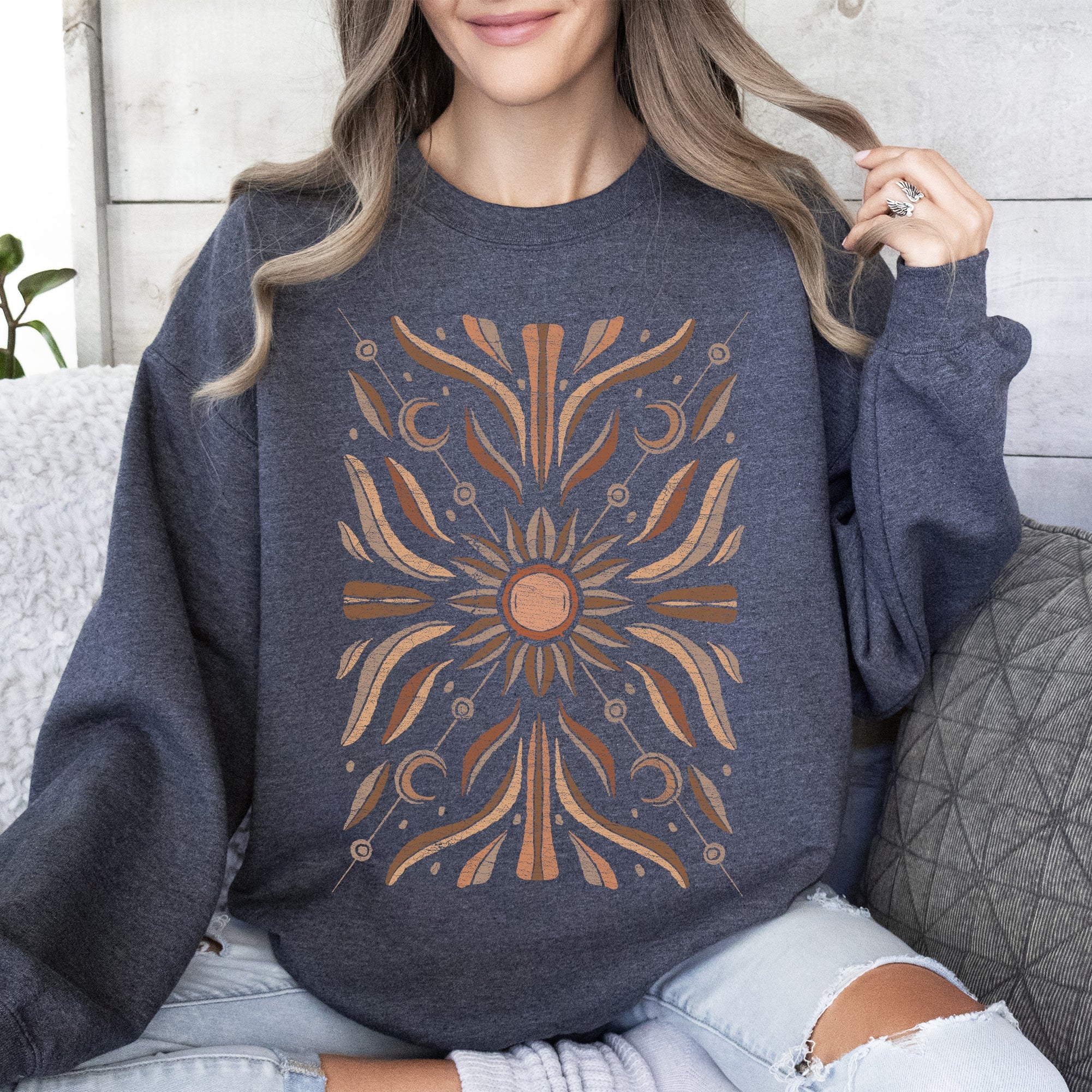 Boho Radiant Sun Celestial Mandala Print Cozy Fleece Lined Warm Winter Edition Sweatshirt